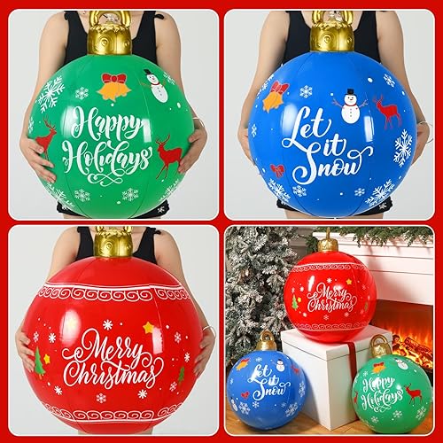 Miniatura 5 de Jetec 3 bolas inflables de Navidad gigantes de PVC, adornos inflables de Feliz Navidad al aire libre, deja que la nieve explote, decoración de