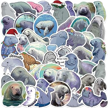 Cute Manatee Waterproof Stickers for Water Bottle, 50PCS Jaurney Kawaii Manatee Vinyl Stickers for Laptop, Skateboard, Ocean Animal Stickers for Kids,Teens, Adults, Party Supplies
