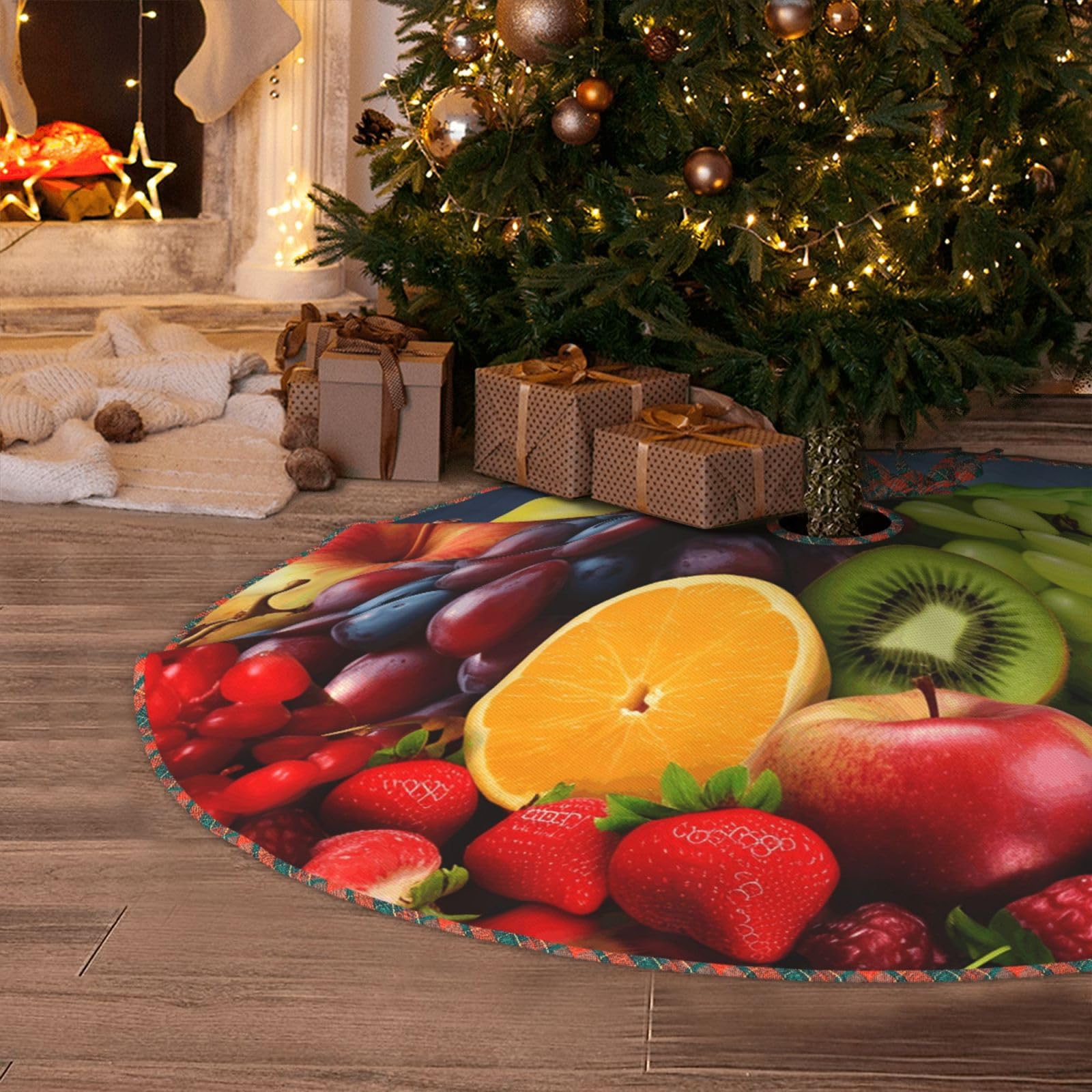 Fruits Christmas Tree Skirt 36" Artificial Tree Mat Cover Merry Christmas Burlap Xmas Tree Skirt for Christmas Decoration Holiday Indoor Outdoor Winter Party Decor