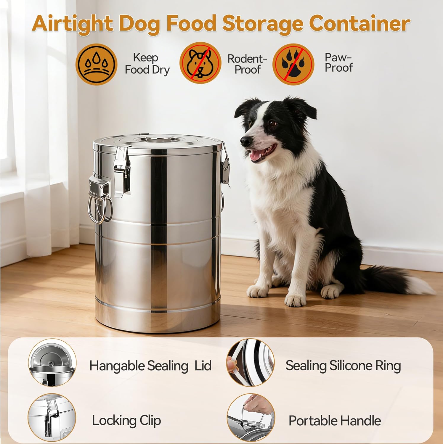 Newget 35 Lbs Stainless Steel Dog Food Storage Container, Large Airtight Pet Food Storage Bin with Lid to Keep Fresh, Metal Container with Scoop for Dog, Cat, Bird Seed, Rice, Grain & Kitchen Pantry