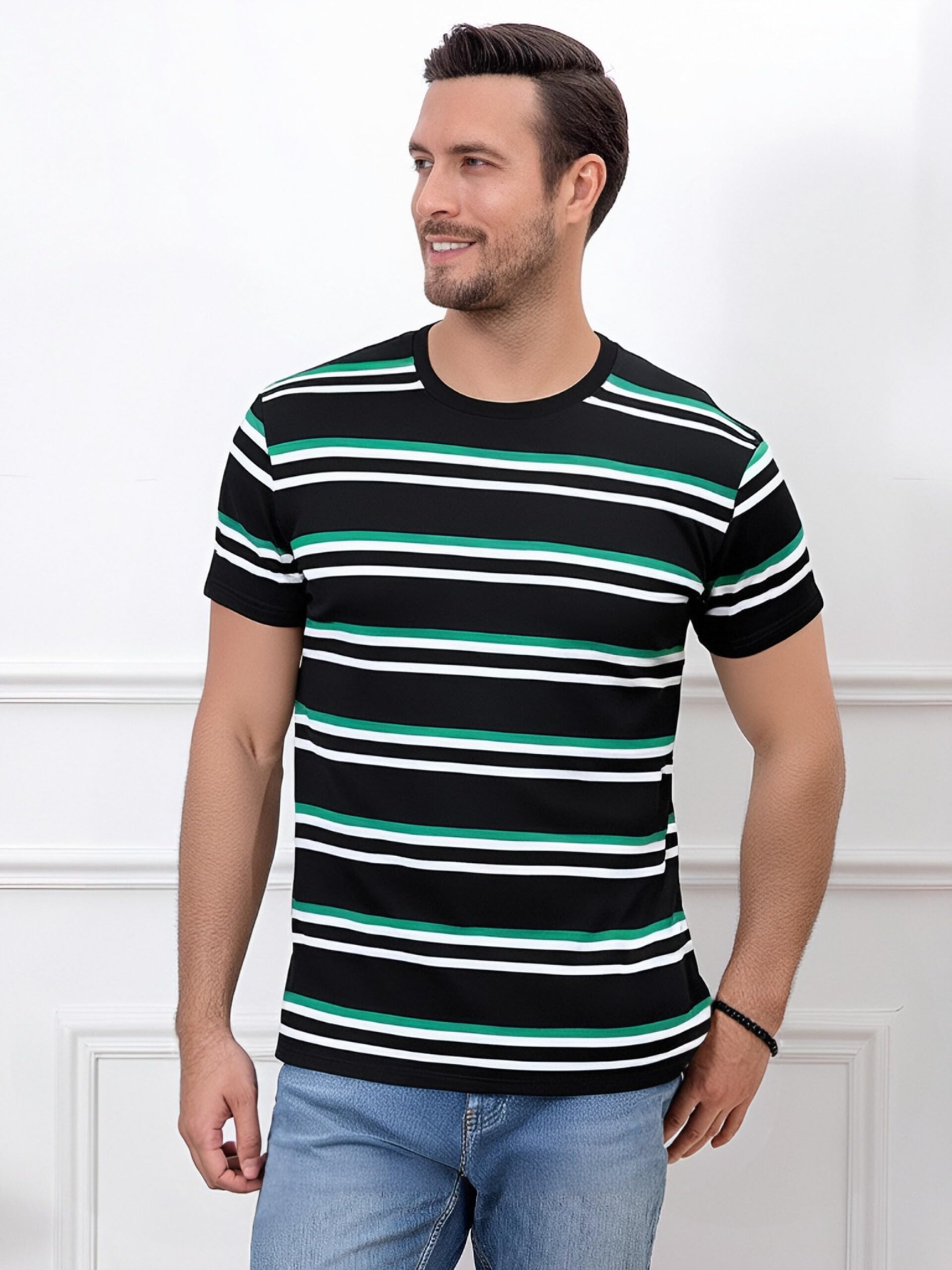 Funny World - Camiseta de algodón a rayas para hombre, cuello redondo, manga corta, básica e informal.