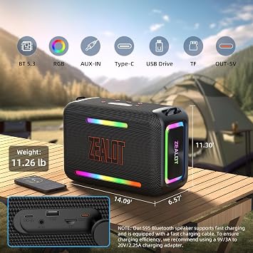 ZEALOT 120W RMS(150W Peak) Bluetooth Speaker, Portable Wireless Speakers IPX6 Waterproof Loud Bluetooth Subwoofer Speaker with LED Light, 40H Playtime, Custom EQ, Stereo TWS Pairing for Outdoor, Party