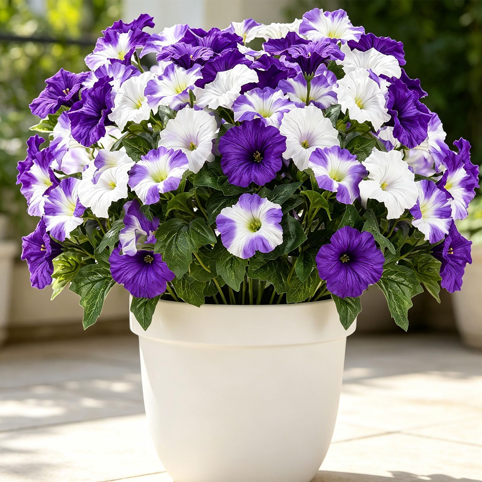 6 Bundles Artificial Flowers for Outdoor, UV Resistant Fake Silk Morning Glory Flowers Faux Petunia Flowers Plastic Flowers Artificial for Hanging Baskets Porch Window Box Garden Yards, Purple White