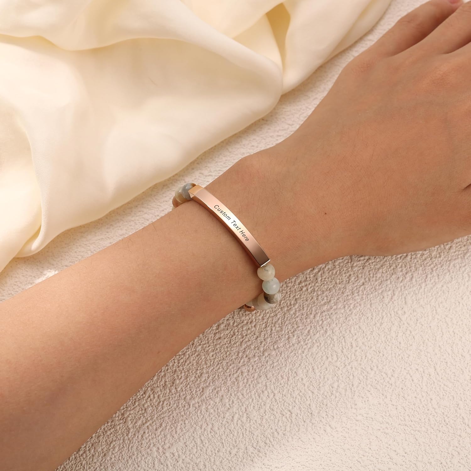 MeMeDIY Personalized Bracelets for Women Natural Stone Stretch Bracelet Stainless Steel Bar Engraved Name Inspirational Message 7.5" Beaded Stretch Bracelet - Image 2