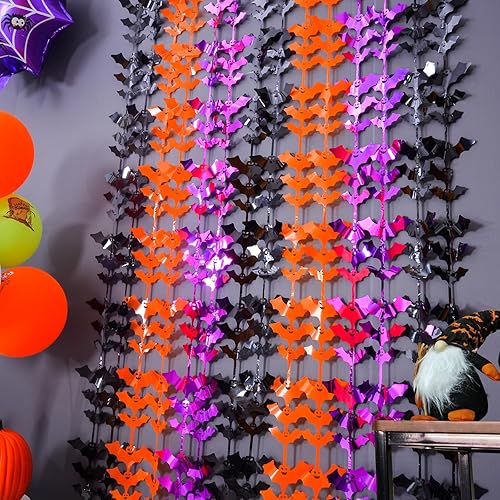 Miniatura 9 de LOLStar Accesorios para cabina de fotos de murciélagos de Halloween, naranja, morado, negro, paquete de 2 cortinas de flecos metálicos de 3.3 x 6.6