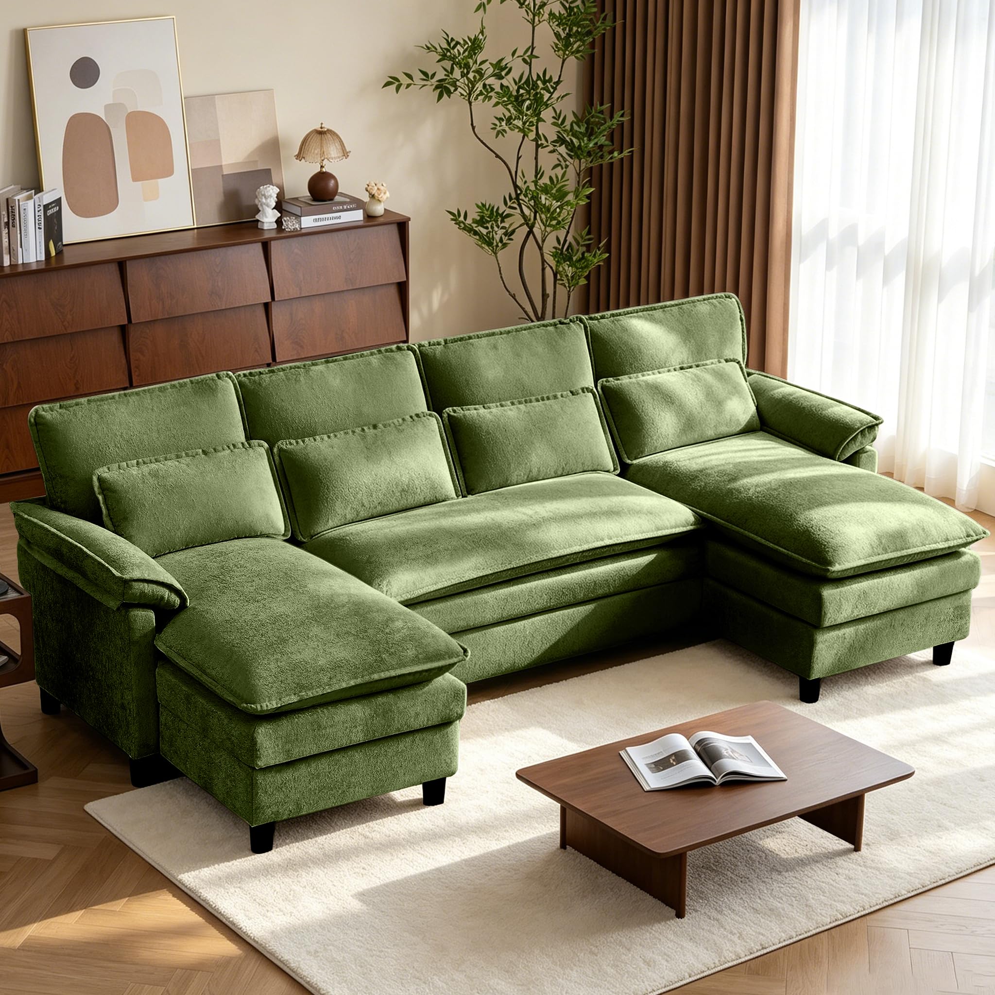 104" Cloud Couch Sectional, U Shaped Sectional Sofa, 4-Seat Deep Seat Couch with 4 Pillows for Living Room, Bedroom, Apartment, Green | Comfy Chenille