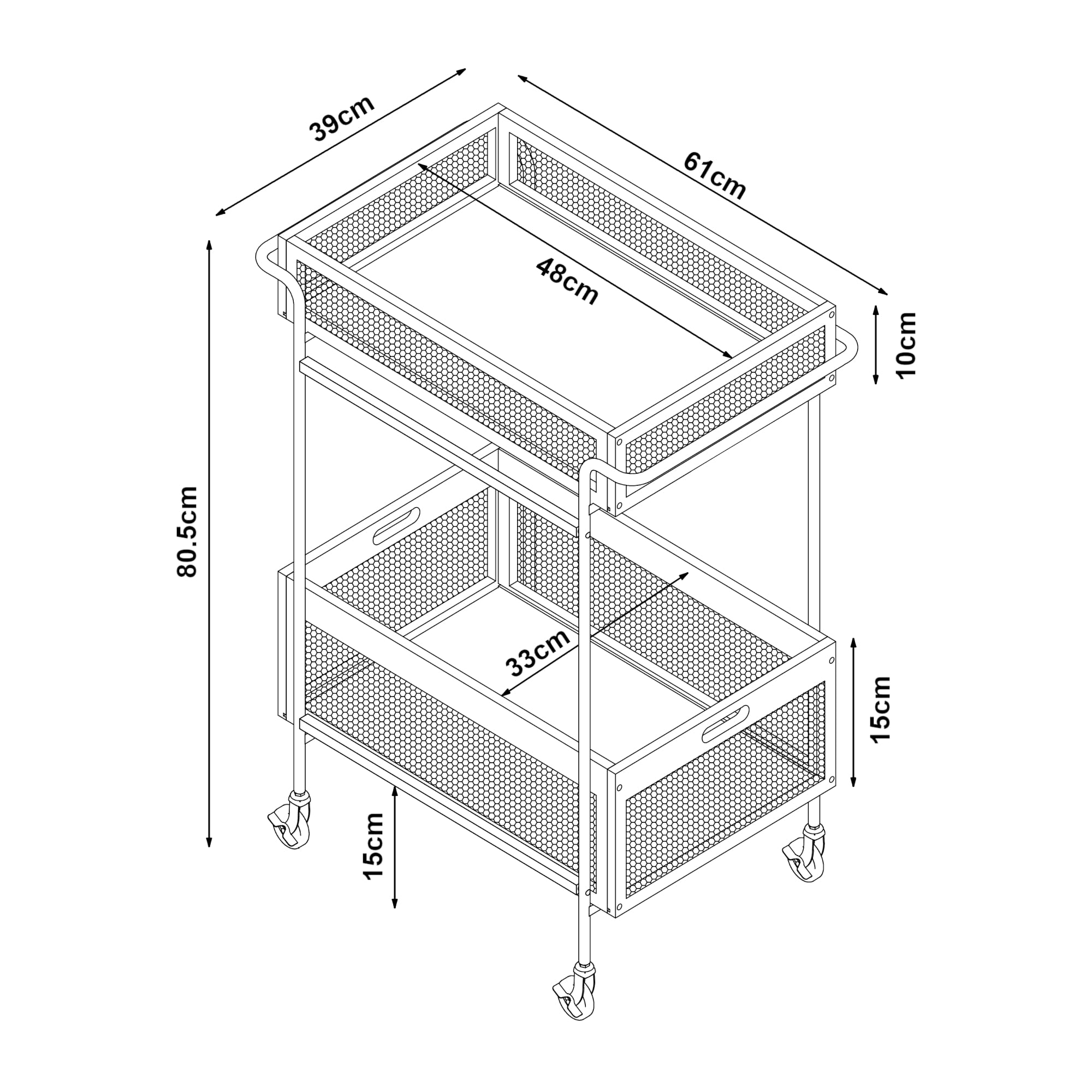 [en.casa] Carro de Servicio Tervola con 2 Cestas Carrito de Cocina Estantería de Baño con 4 Ruedas Multiusos Versátil Resistente Metal/Bambú 81x61x39cm - Negro/Efecto Ratán