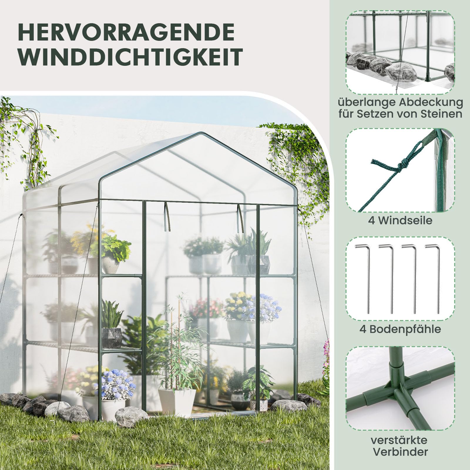 COSTWAY Gewächshaus, begehbares Foliengewächshaus mit 8 Regalen, Tomatenhaus mit PVC-Abdeckung & robustem Metallrahmen, Tomatengewächshaus für Tomaten, Gemüse, Pflanzen, 139 x 144 x 195 cm