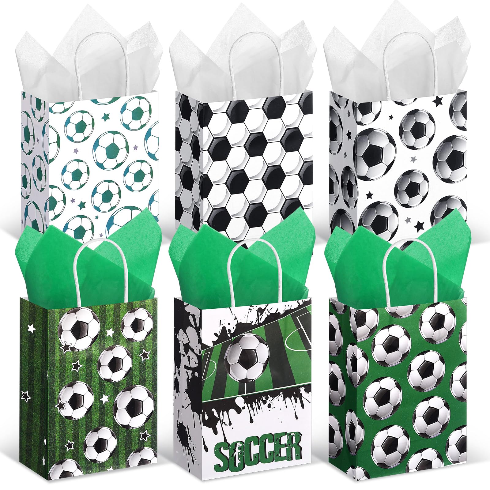 Aoriher 24 Pcs Soccer Party Favors Gift Bags with Tissue Paper, Sport Goodie Treats Bags Soccer Theme Candy Paper Bags for Birthday Party Supplies