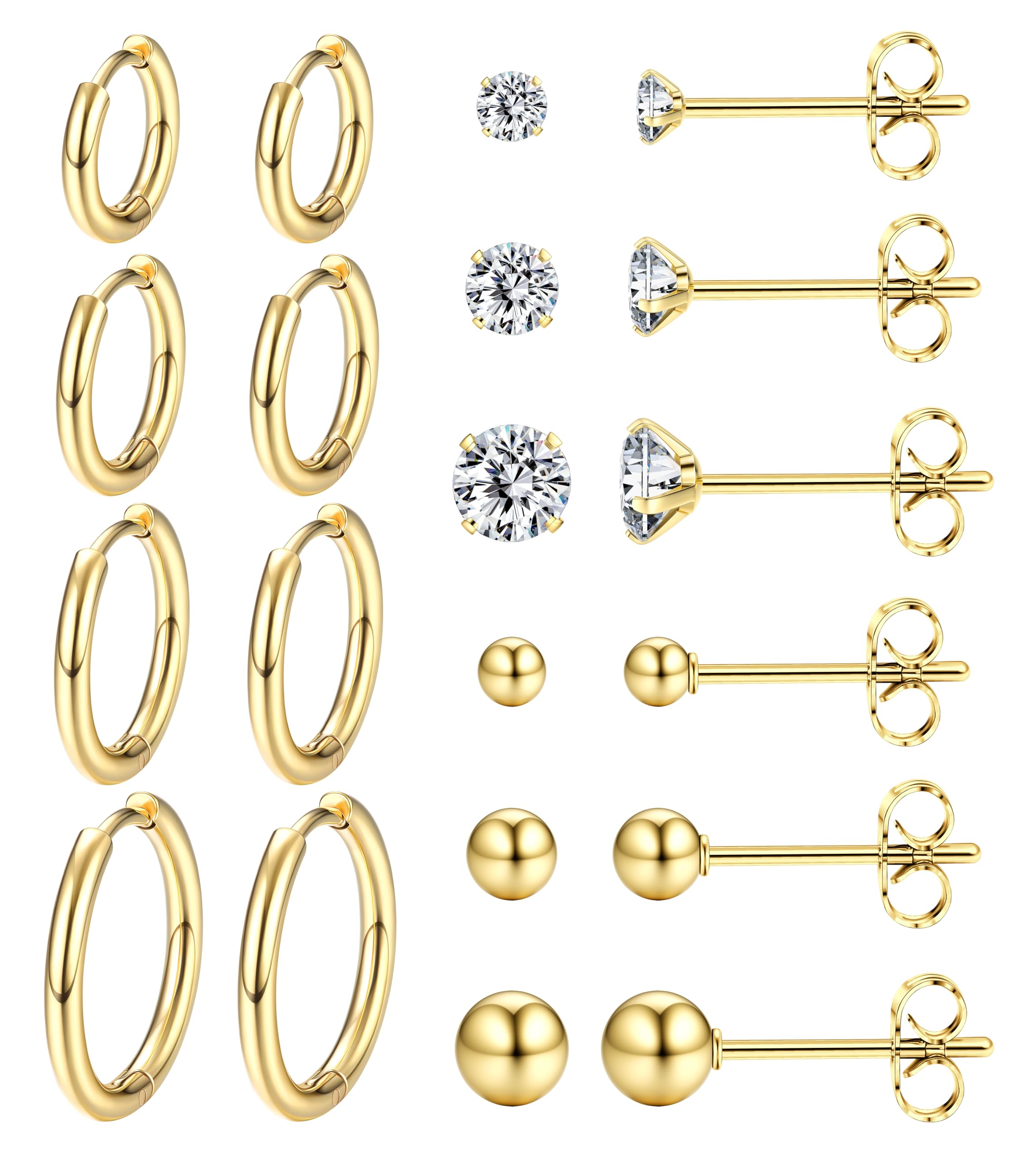 Dochais 10-12 Pares Pendientes Mujer Hombre Plata Oro 14K Huggie Pendientes Aro de Acero Inoxidable Hipoalergénicos Pequeños Cartilago Tragus Oreja Piercing Joyería para Regalo Niña Navidad Cumpleaños