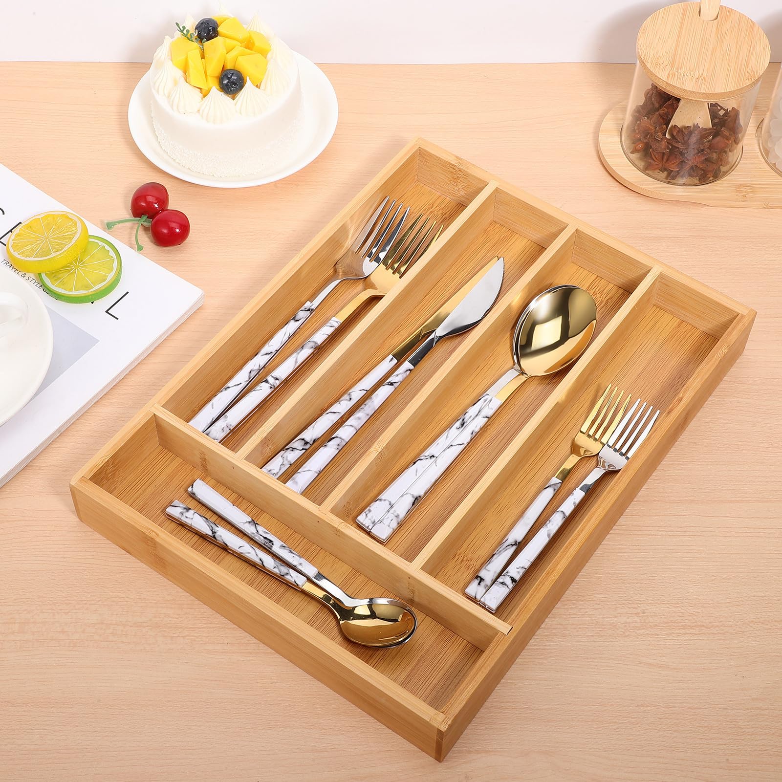 Cubiertos para Almacenamiento Elegante Organizador para Cajones de Cocina de Bambú Multifuncionales 5 Compartimentos y Resistente