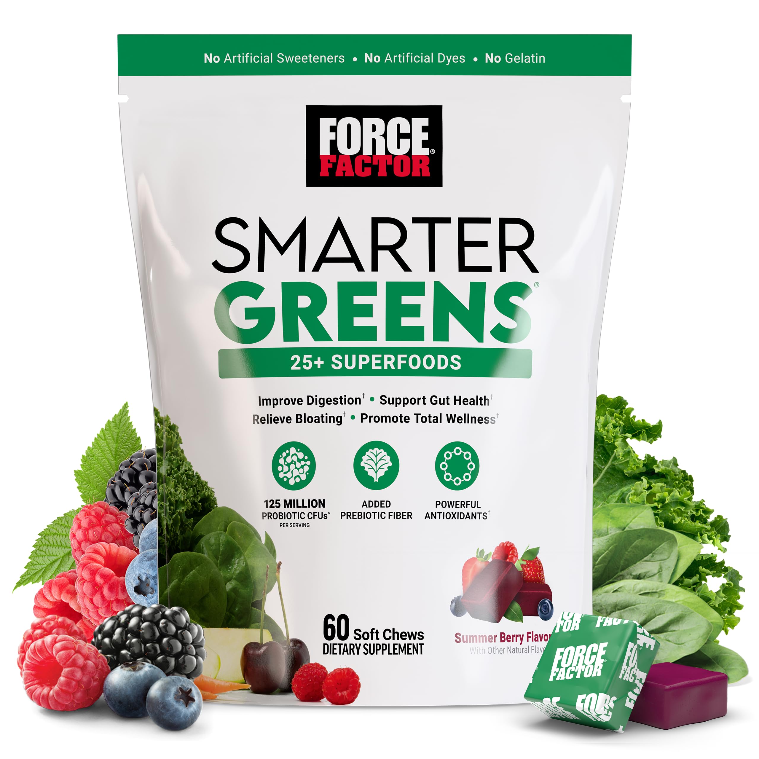 Force Factor Smarter Greens Superfood Chews, Greens and Superfoods with Probiotics, Antioxidants, and Fiber, Greens Supplement to Support Digestion, Nitric Oxide, and Energy, 60 Soft Chews