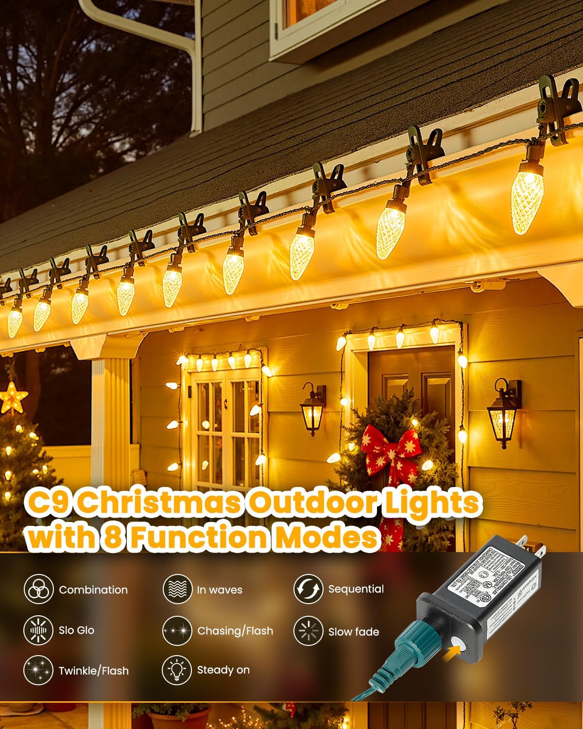 C9-Christmas-Lights-Outdoor,88FT 110LED String Lights with 8 Lighting Mode,Waterproof Connectable UL Certified Warm White C9-Led-Christmas-Light-Decorations for House Yard Patio Roof Garden Decor