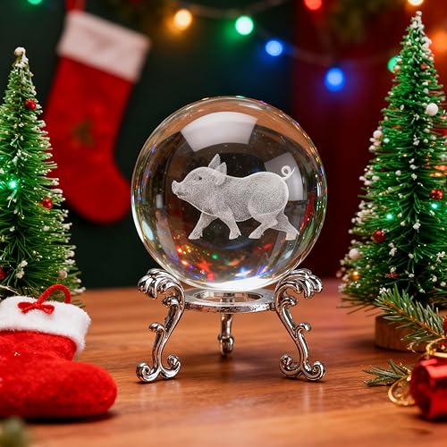 ZEERSHEE Bola de cristal transparente 3D de 2.362 in con soporte, figura coleccionable de cerdo de cerdo para oficina en casa