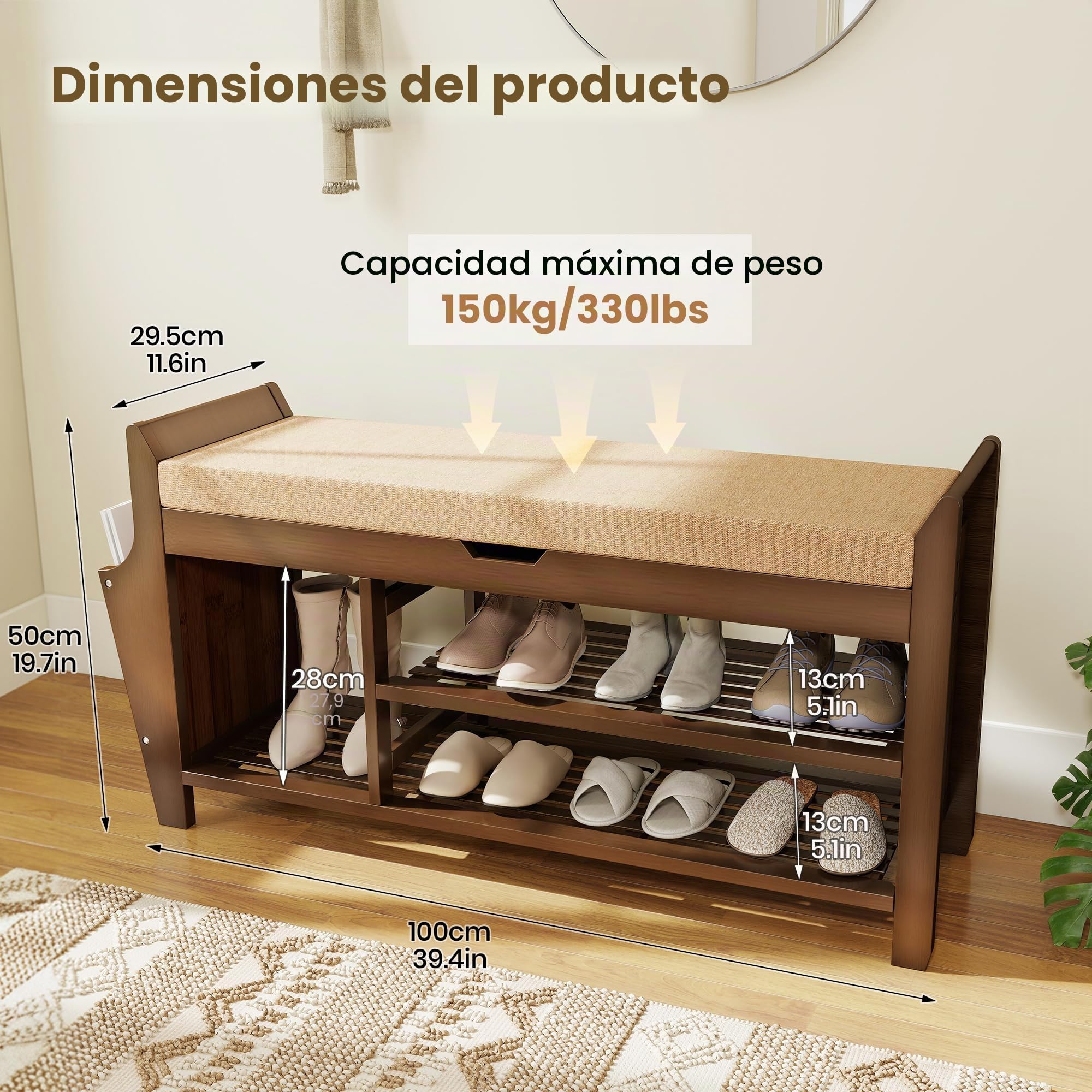 Pamapic Banco Zapatero, Banco Zapatero con Asiento, Mueble de Recibidor de 3 Niveles, Almacenamiento Oculto, Compartimento de Almacenaje para Entrada, Dormitorio, 100 x 30 x 50 cm