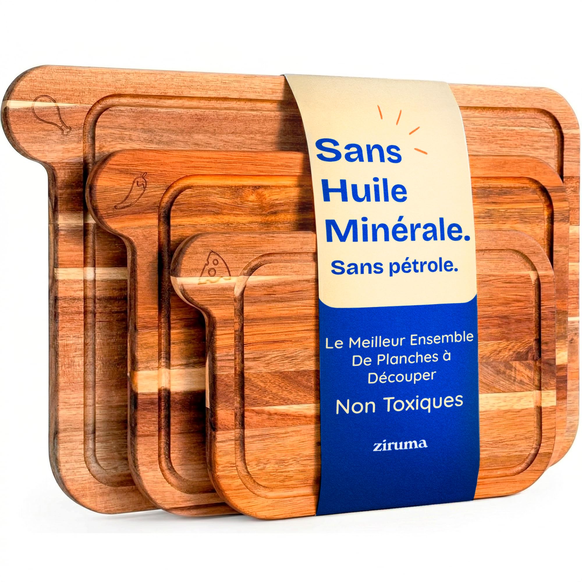 Planches à Découper Non Toxiques - Set Sans Huile Minérale, en Bois d'Acacia FSC - Ustensiles de Cuisine en Bois - Comprend 3 Planches à Découper. Par Ziruma