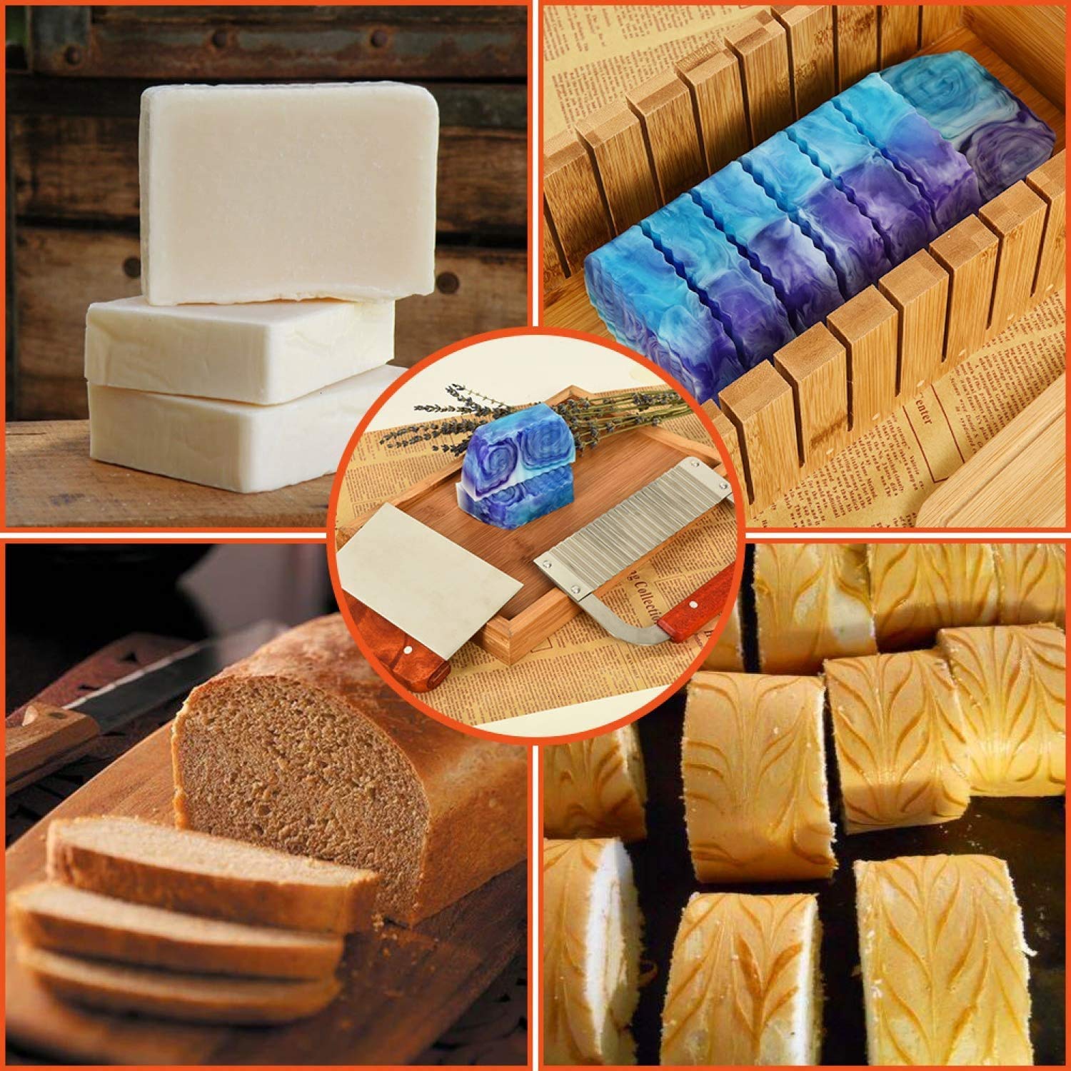 POFET Set di tagliapone, stampo in legno per fare il sapone e tagliare la pagnotta, kit con taglierina dritta e ondulata in acciaio inossidabile