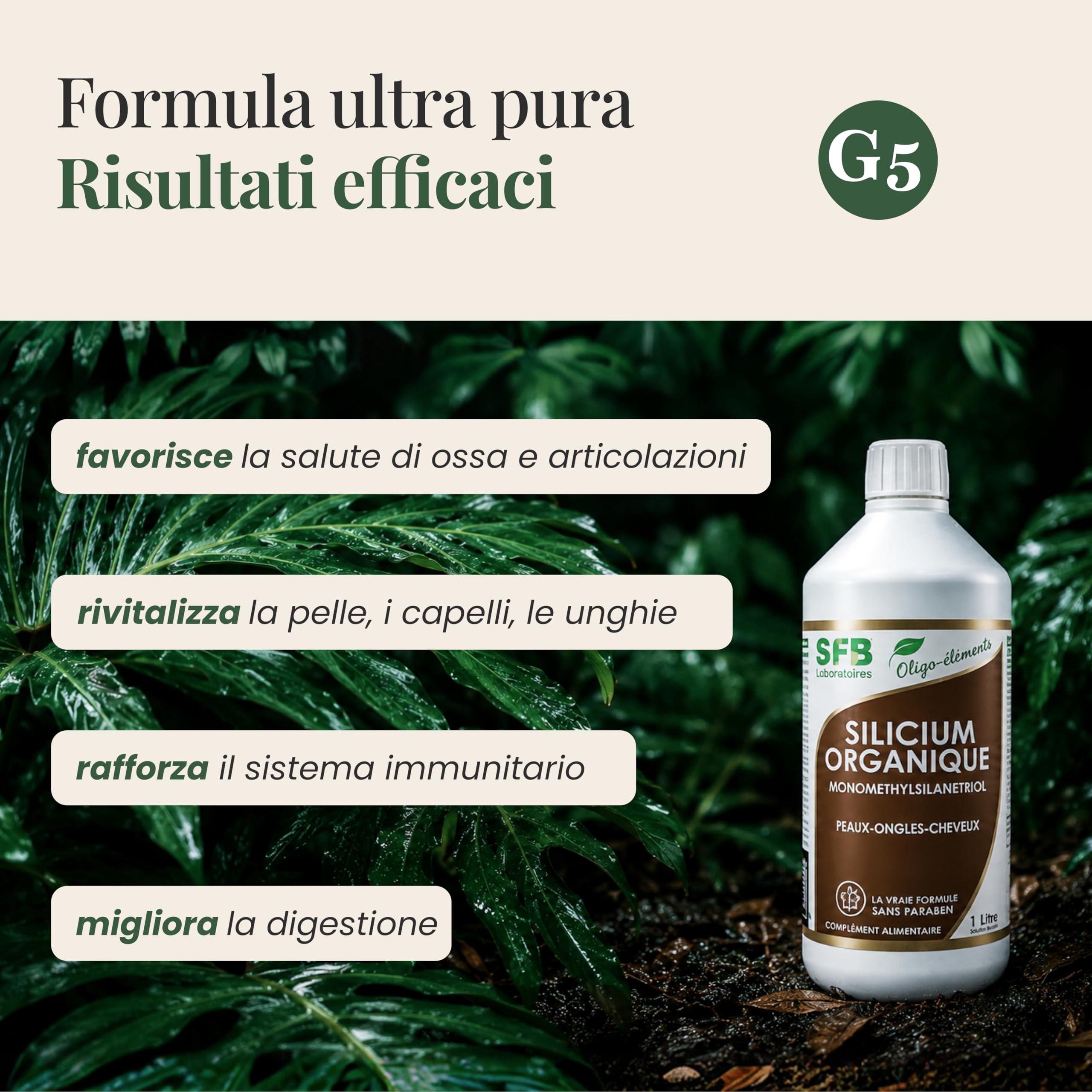 SFB Laboratoires – Silicio Organico Formula G5 Liquido 1L Alta Qualità e Assorbimento, Integratore Alimentare Naturale per Articolazioni, Pelle, Capelli, Unghie – Fonte Vegetale – Silice