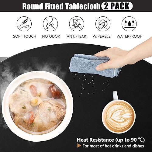 Miniatura 3 de Mantel ajustable negro para mesas redondas, paquete de 2 manteles elásticos reversibles, impermeable, resistente a las manchas, para uso en