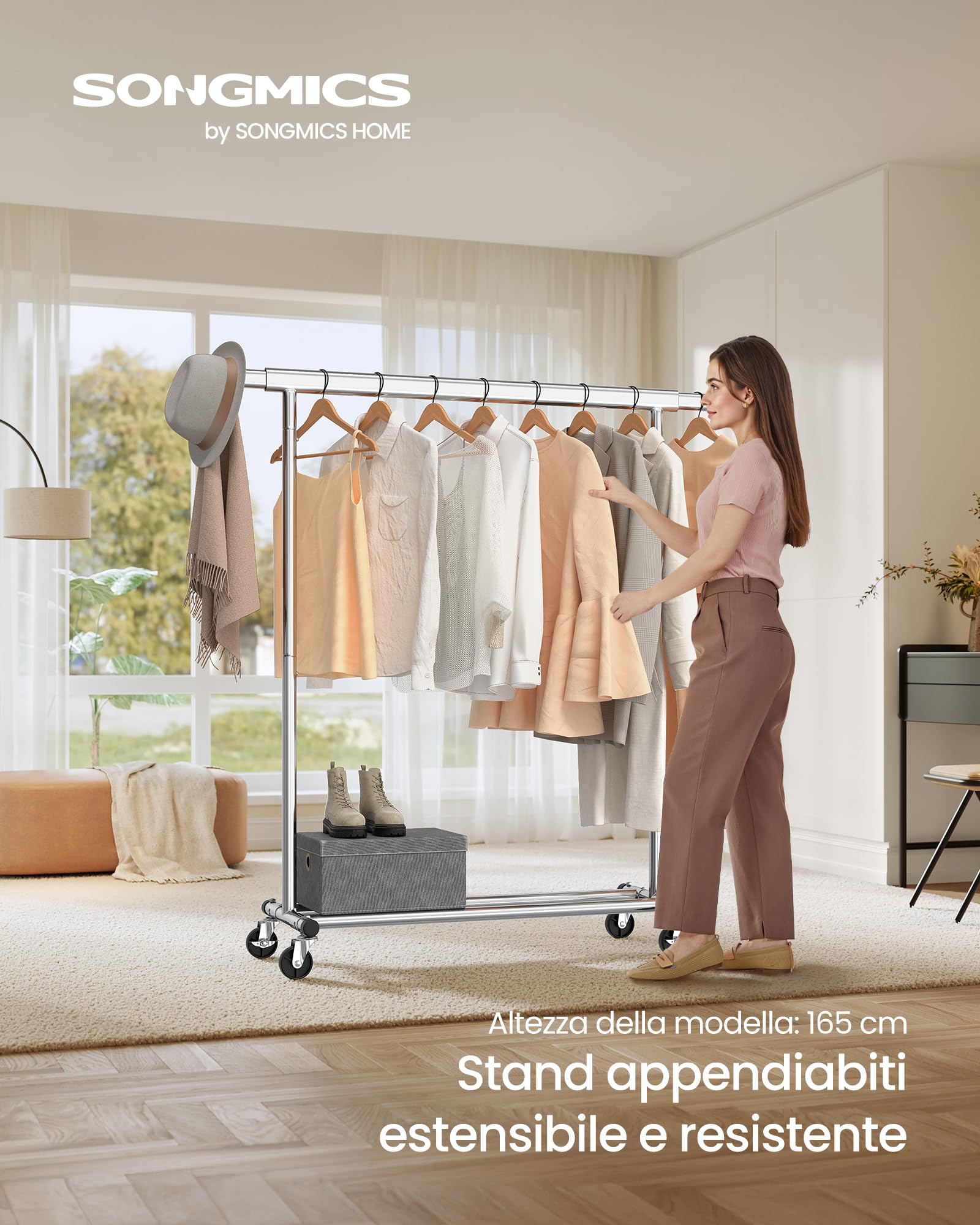 SONGMICS Stand Appendiabiti con Ruote, Attaccapanni Estensibile per Carichi Pesanti, Portata Totale 100 kg, 45 x (92-132) x 161,5 cm, Facile da Montare e Spostare, Argento HSR13S