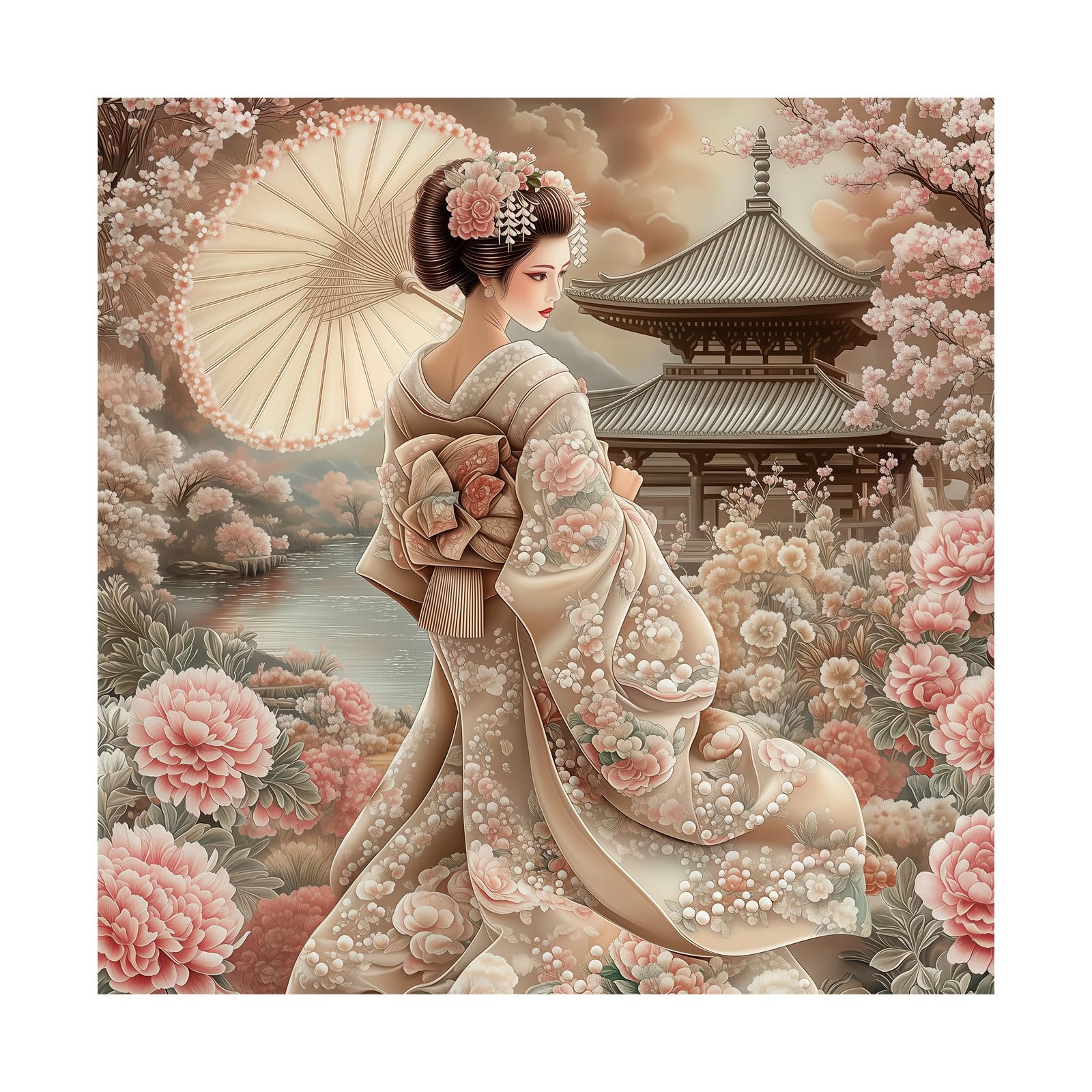 Japanese Kimono Geisha Puzzle 1000 Piece for Adults, Spring Colorful Cherry Blossom Flower Jigsaw Puzzle, Vintage Garden Nature Art Puzzles