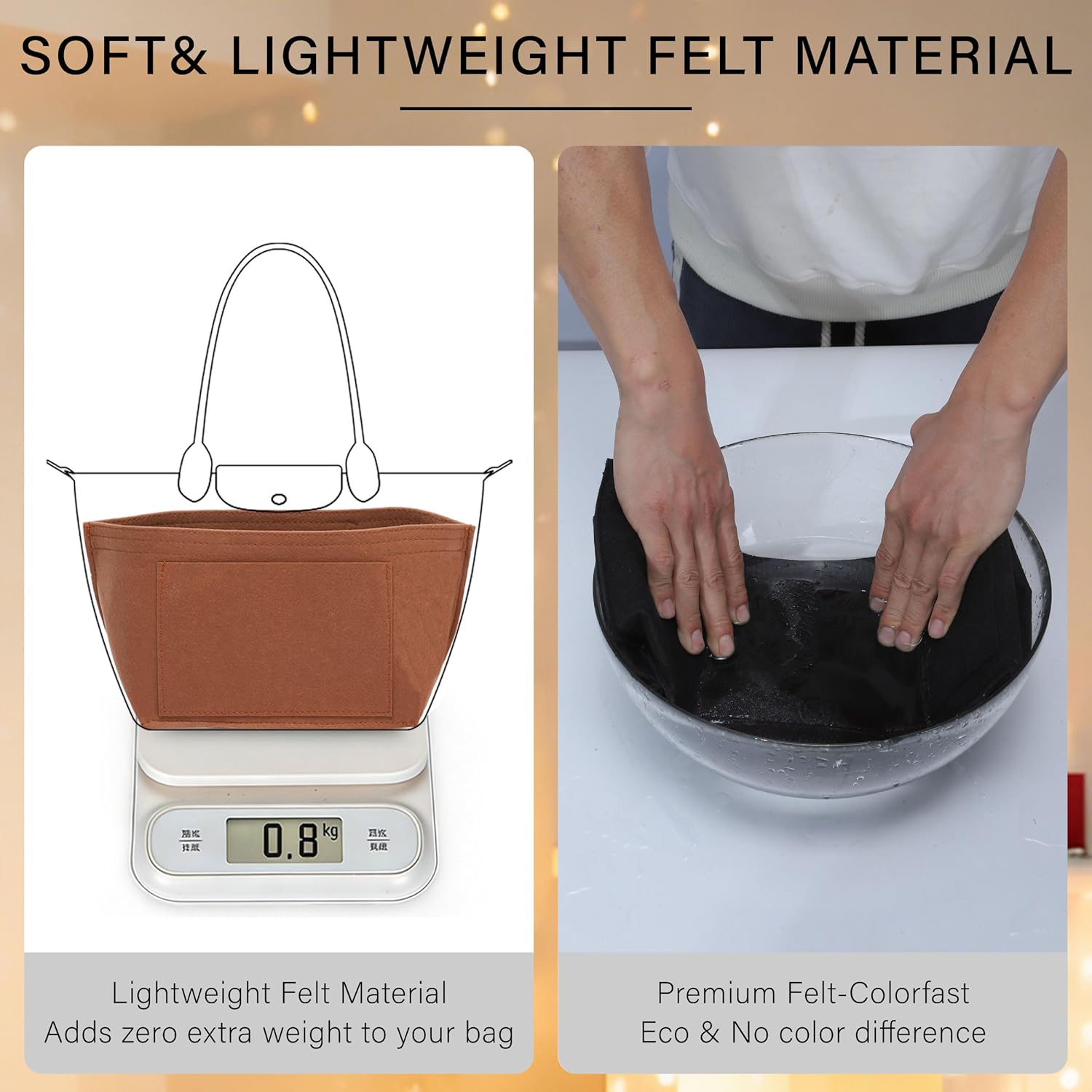 Lighweight Purse Organizer Insert for Longchamp Le Pliage M Tote Bag, Premium Felt Long Champ Medium Tote Divider with Cup Holder,Bags Storage Shaper with 8 Deepened Pockets,M/Gold-brown