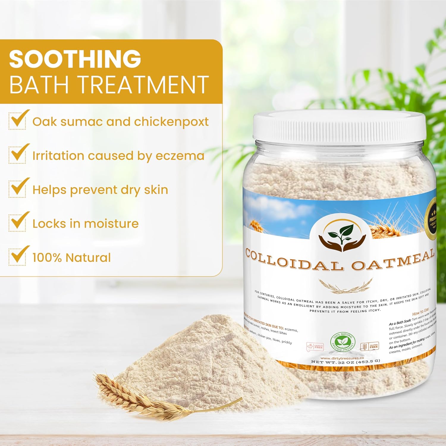 Dirty Treasures Colloidal Oatmeal Bath | Eczema & Itchy Skin Relief | Baby-Safe, 100% Natural, Fragrance-Free | 2 lb (32oz) - Image 6