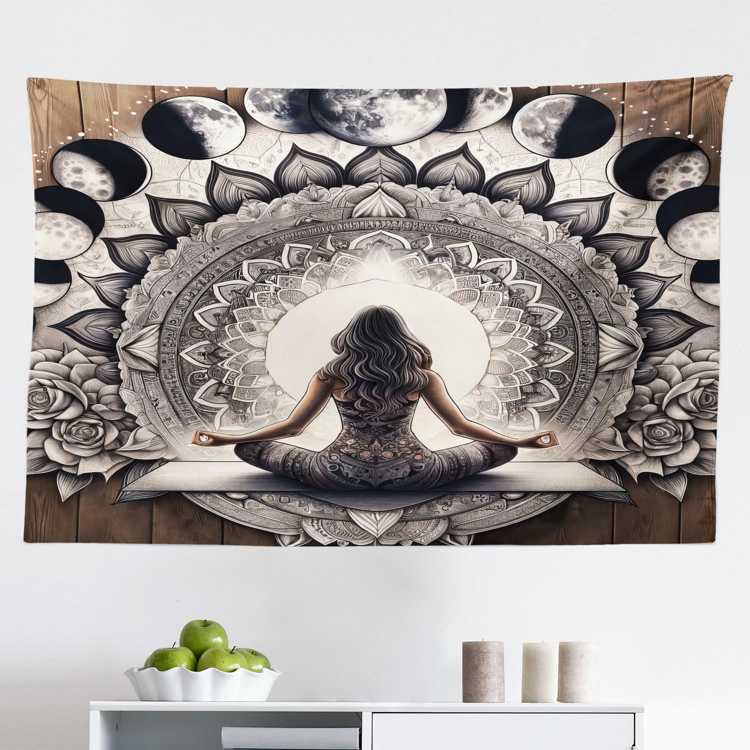 Ambesonne Boho Tapestry Queen Size, Springtime Butterfly Art with Delicate Floral Garden and Dreamy Moon Circle, Wall Hanging Bedspread Bed Cover Wall Decor, 88" X 88", Pale Ruby Dark Taupe