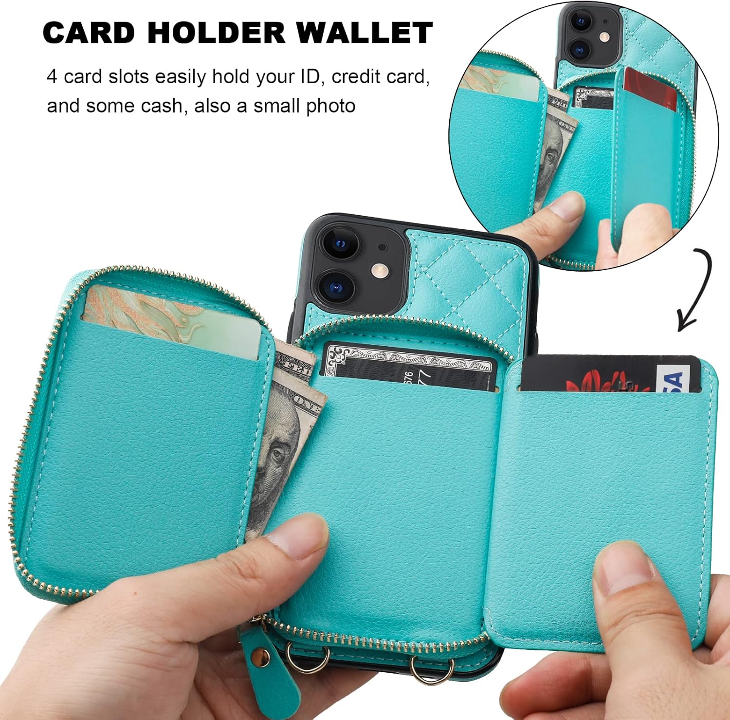 Bocasal Crossbody Wallet Case for iPhone 11, RFID Blocking PU Leather Zipper Handbag Purse Flip Cover, Kickstand Folio Case with Card Slots Holder Wrist Strap Lanyard 6.1 Inch (Mint Green)