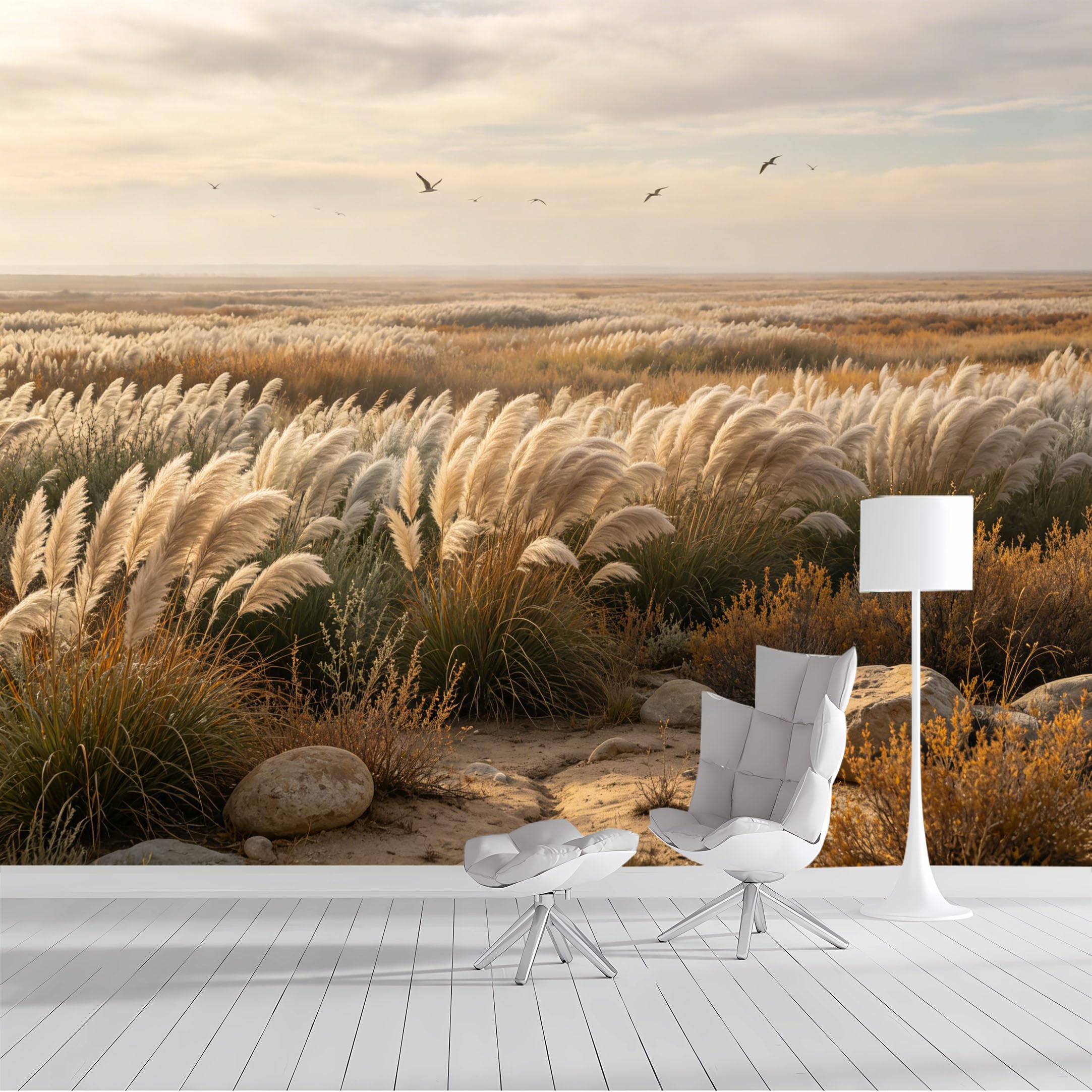 Custom Size Wall Mural Pampas Field Sunset Birds Landscape SelfAdhesive Wall Fabric Removable Peel and Stick Wallpaper Wall Decor for Living Room Bedroom Bathroom