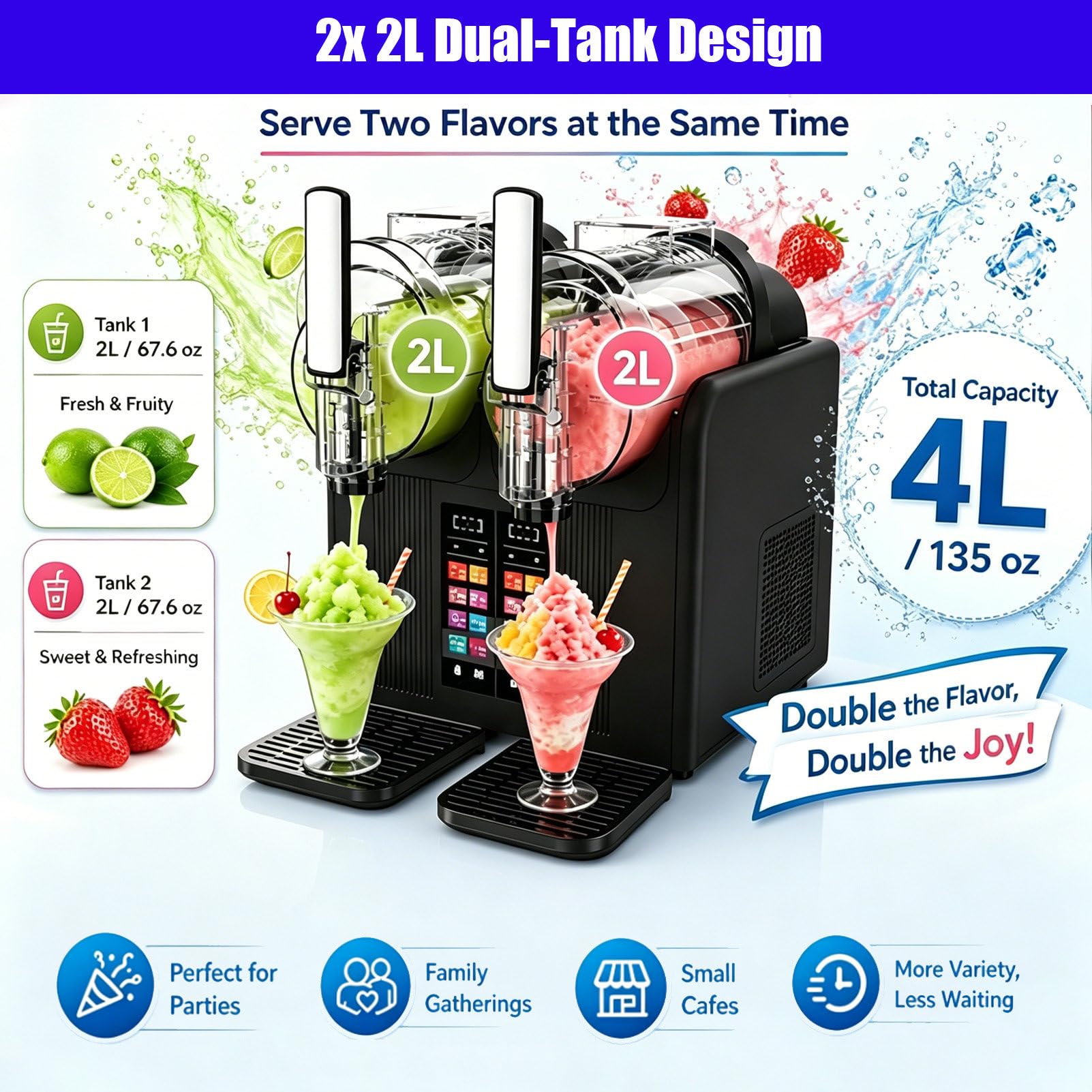 MáQuina Comercial De Granizados De 2 DepóSitos, Dispensador De Granizados De Pie con Led, con 7 Programas Preestablecidos Y Pantalla Led, Funcionamiento con Un Solo BotóN Black