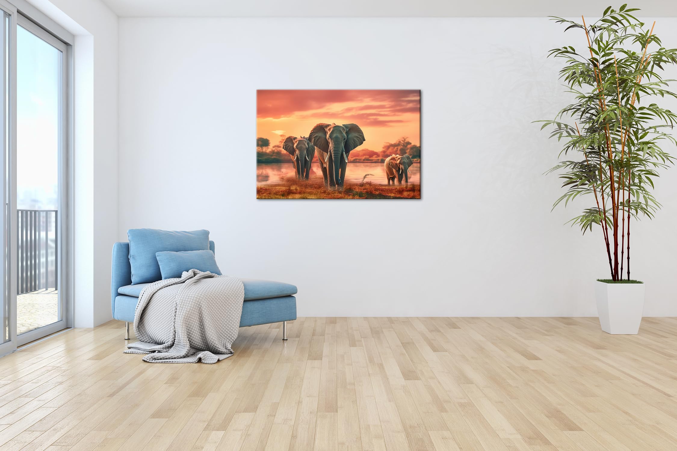 Leinwandbild Elefanten im Sonnenuntergang, Wasserreflexionen Format: 120x80 cm XXL Kunstdruck Bild auf Keilrahmen/Wandbild/Wohnzimmer Deko