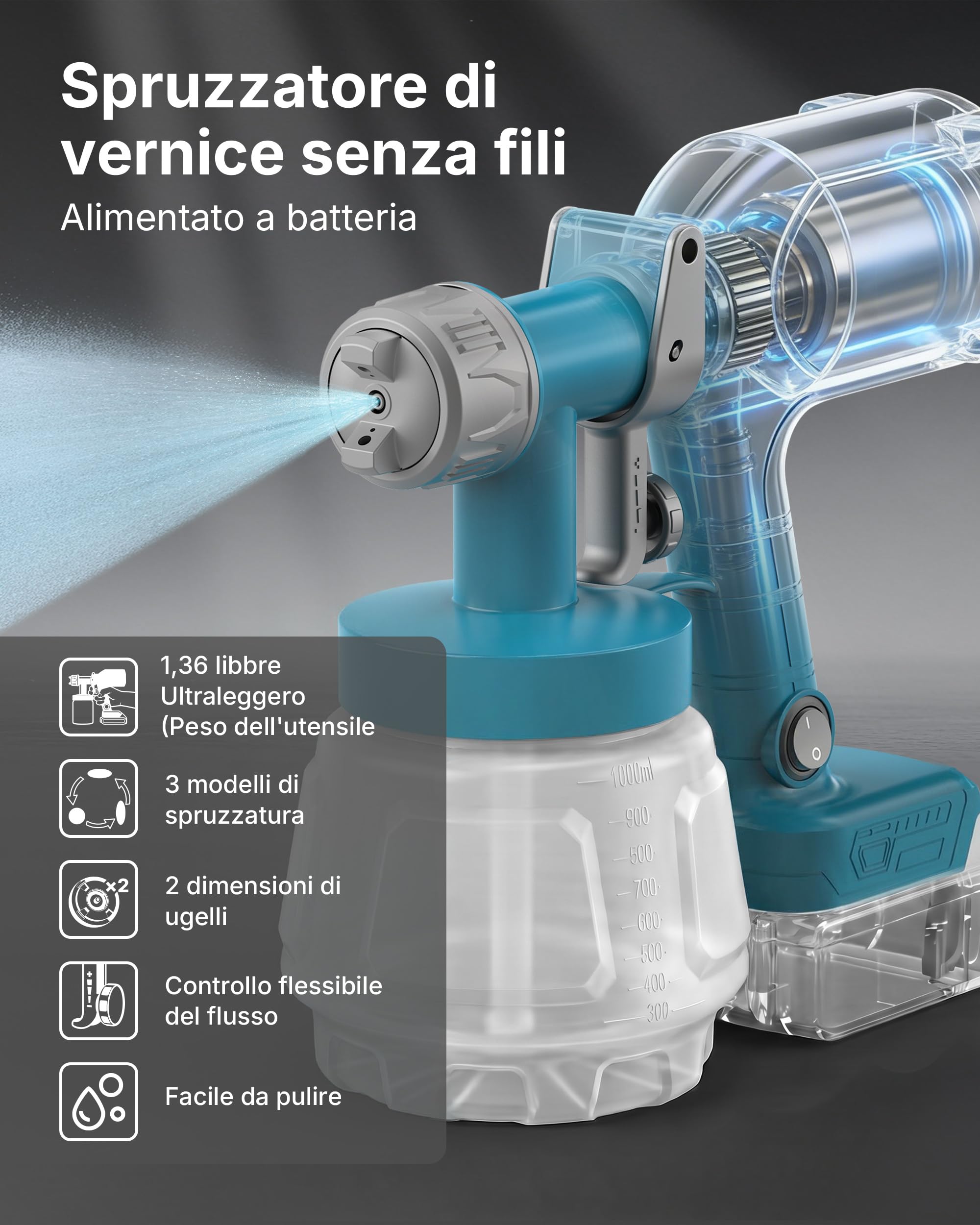 Tilswall Pistola a Spruzzo Dreamer400 Elettrica 18V Senza Batteria 1000ml