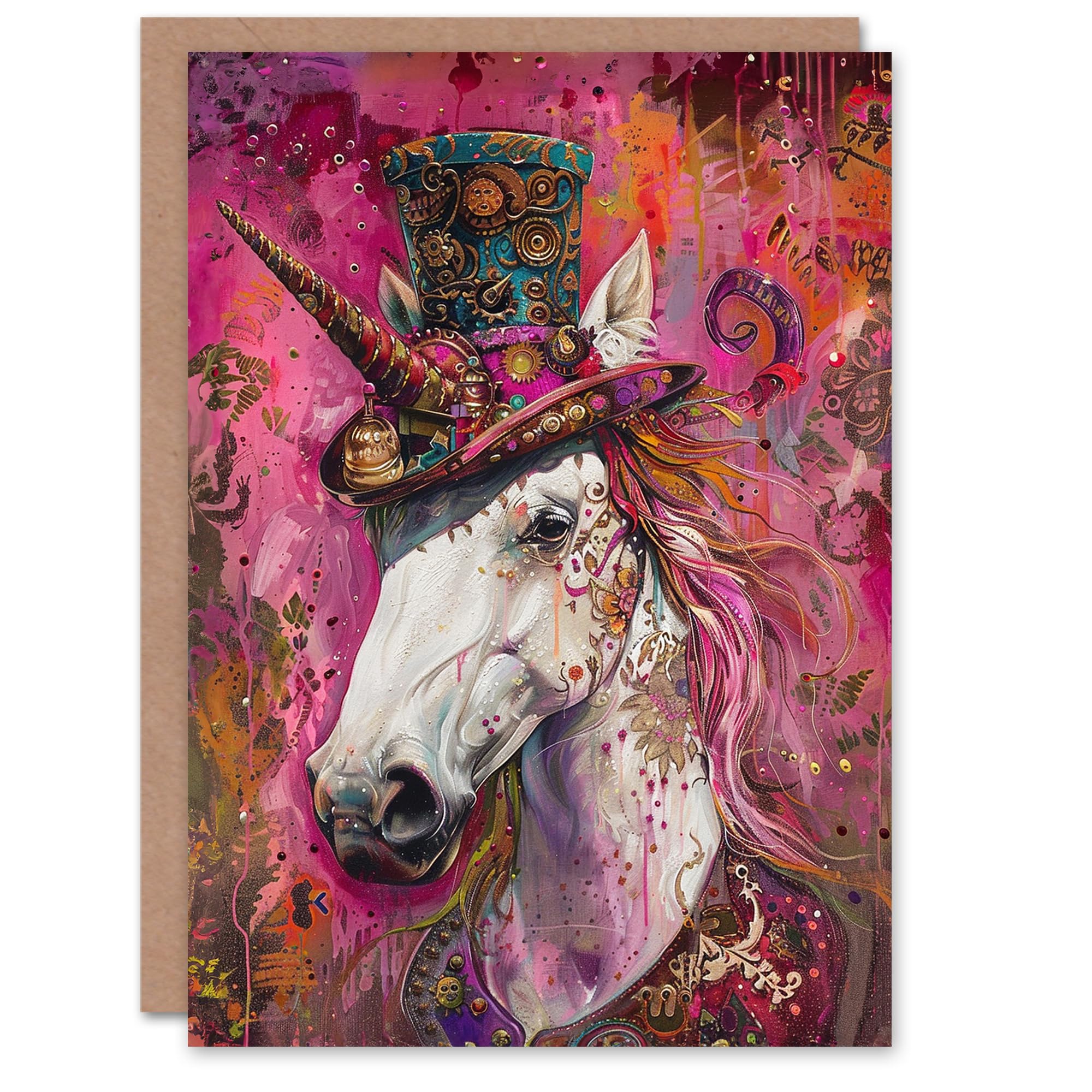 Artery8 Birthday Card Steampunk Royal Pink Unicorn Top Hat Kids For Son Daughter Girl Boy Kids Happy Card