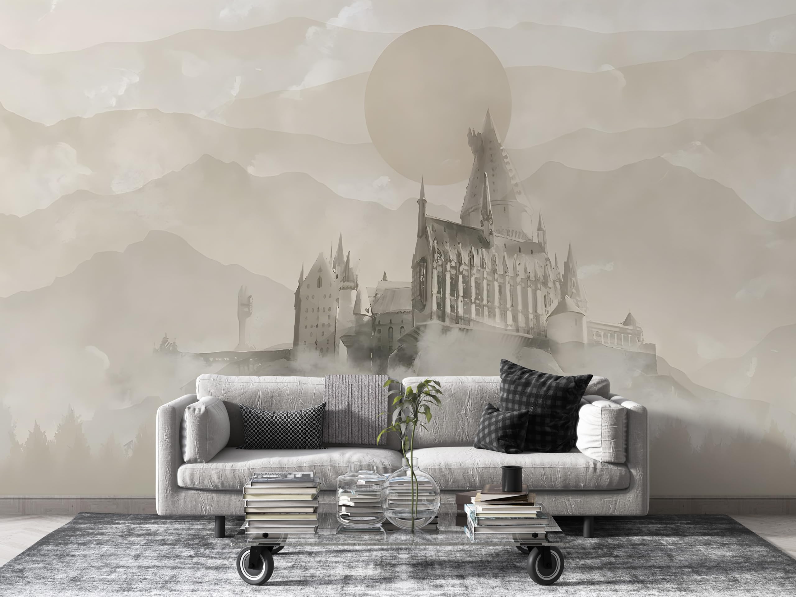 Papier peint panoramique château intissé haut de gamme gris style encre 350cm x 256cm Ab106