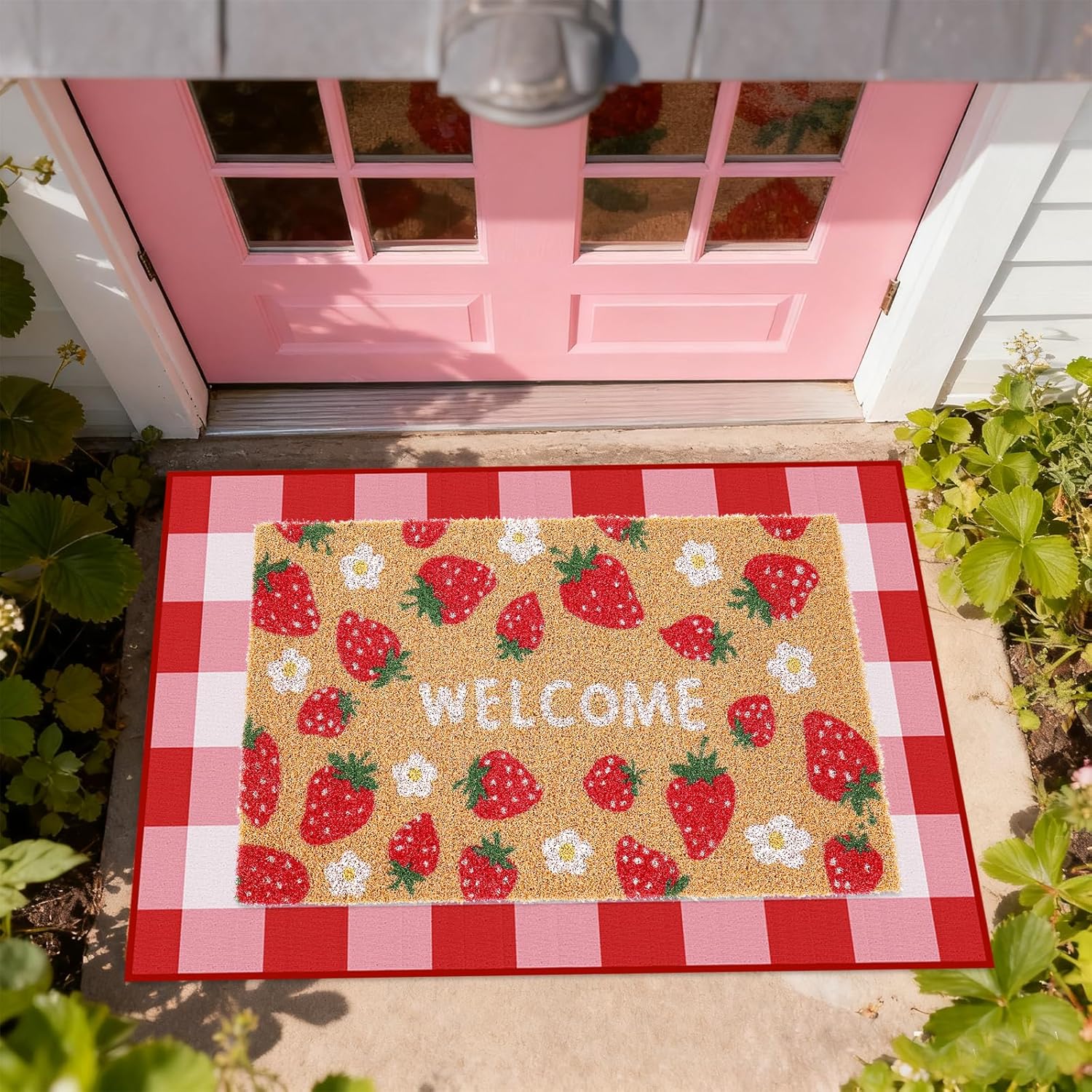 Whaline 2 Pcs Strawberry Daisy Doormat Set Floor Mat Red Pink Checkered Fruit Coir Non-Slip Front Door Rug for Spring Summer Indoor Outdoor Home Kitchen Bathroom Entrance Porch