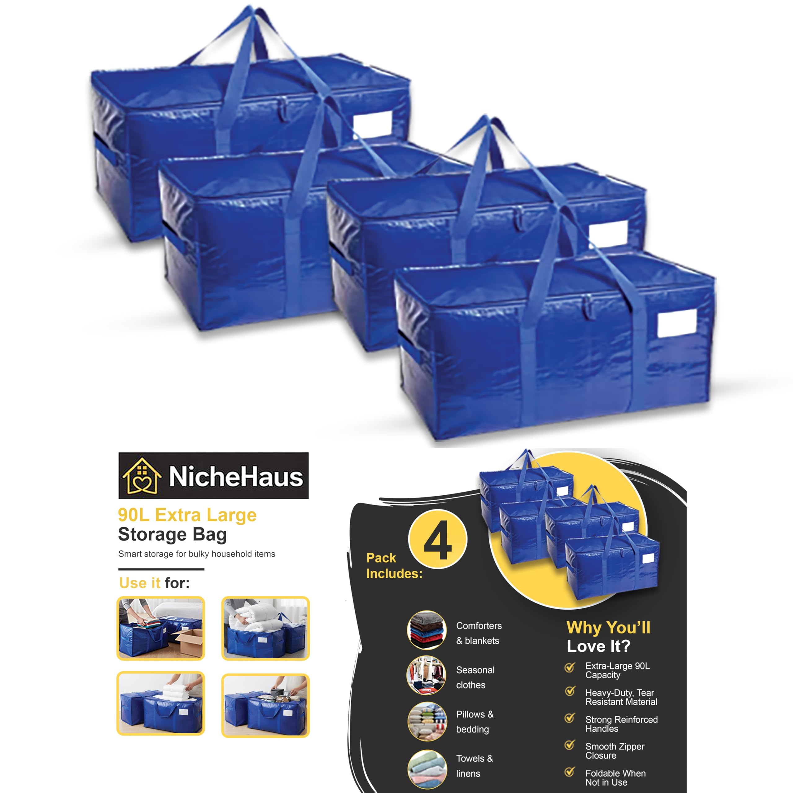 Heavy Duty Storage Bags with Zipper 90L Capacity | Large Moving Bags for Clothes, Bedding & Other Items | Waterproof Reusable Storage Bags for Moving House, Laundry & Long-Term Storage (Pack of 4)