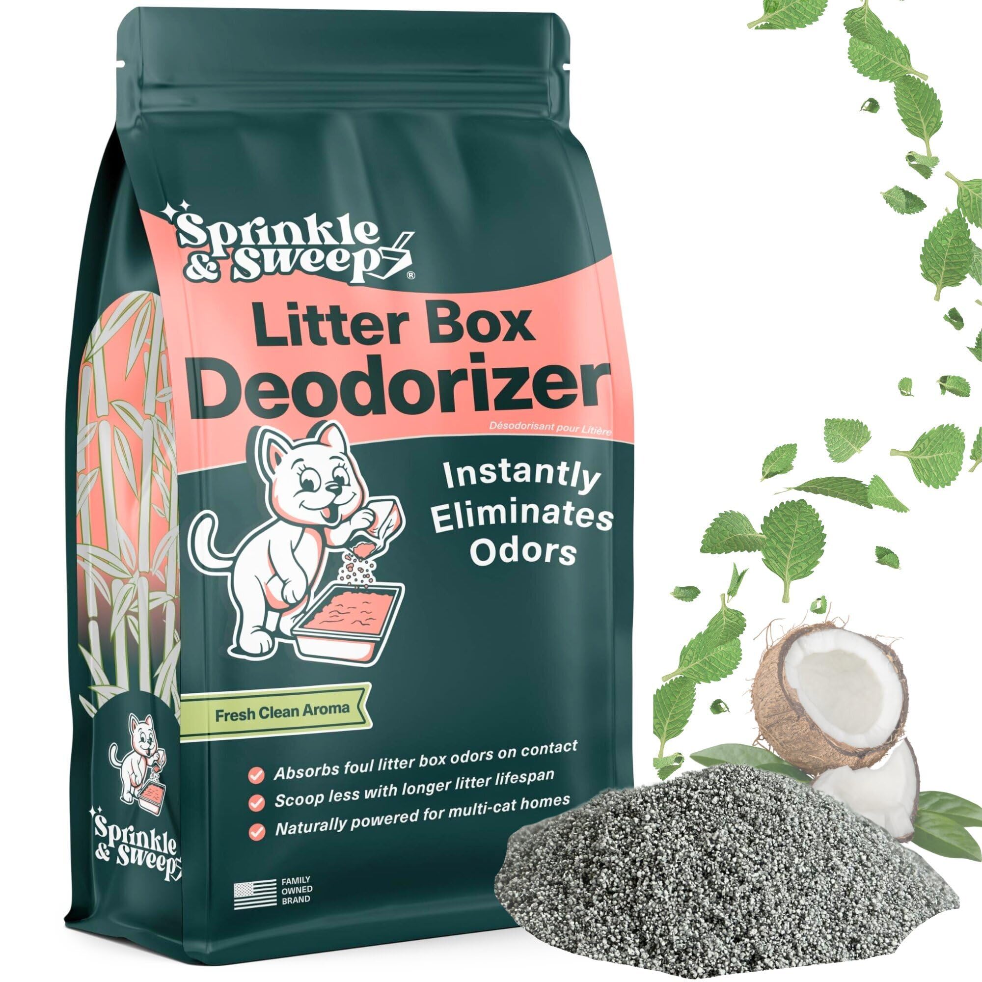 Sprinkle & Sweep Desodorante de caja de arena – Desodorante de arena para gatos no tóxico y seguro para gatitos – Desodorizador de arena elimina instantáneamente los olores sucios de arena y orina,