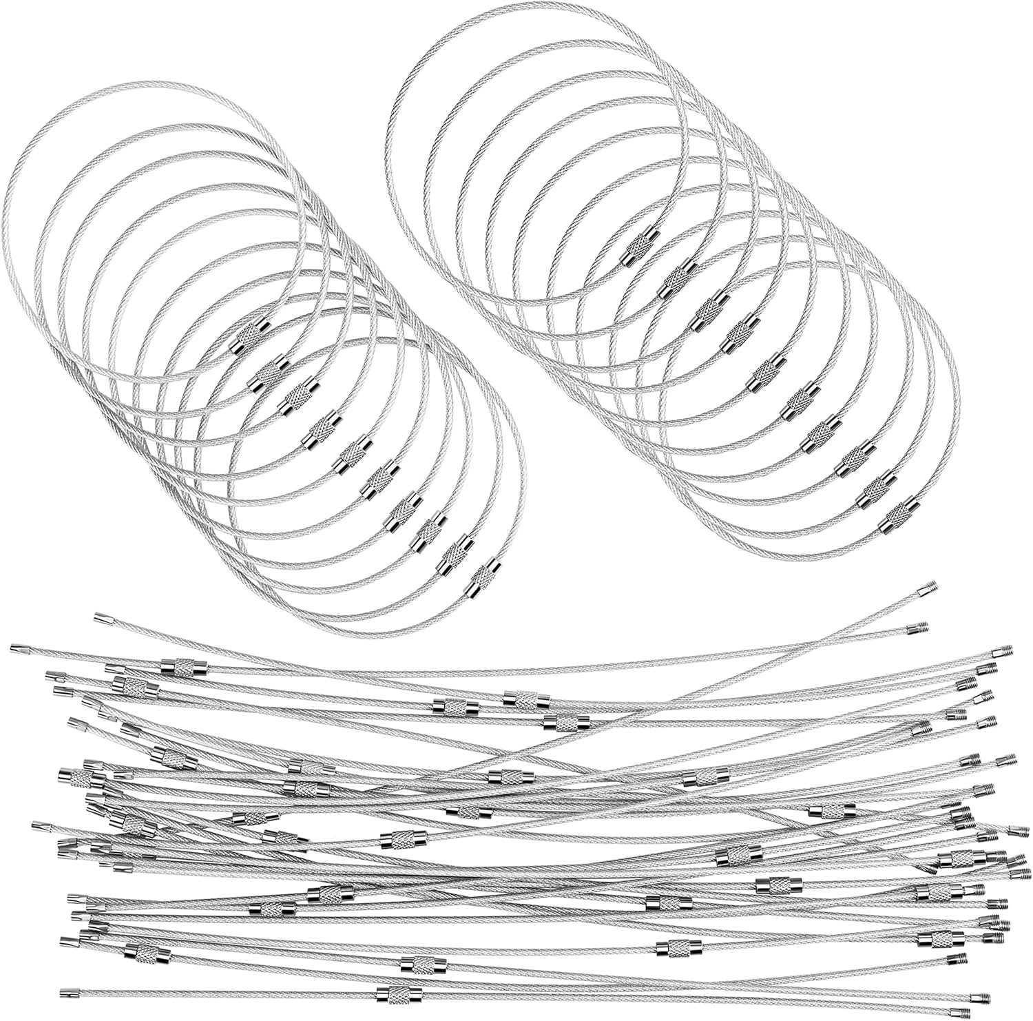 Silver Coated Steel Wire Keychain Loops 10 Inch (25 cm) – 2mm Twist Barrel Rings for Keys, Luggage Tags, ID Badges, Camping & DIY, 50 Pack