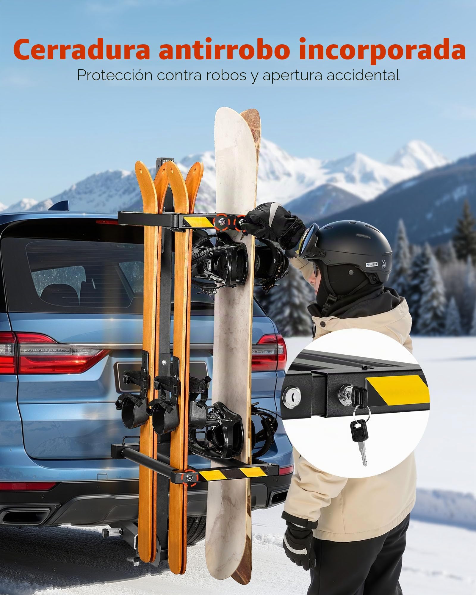 VEVOR Portaesquís de Techo, para hasta 6 Pares de Esquís/4 Tablas de Snowboard, con Cerradura con Cinturón de Seguridad y Acceso Inclinable, el Soporte Ajustable Se Adapta a la Barra de Remolque
