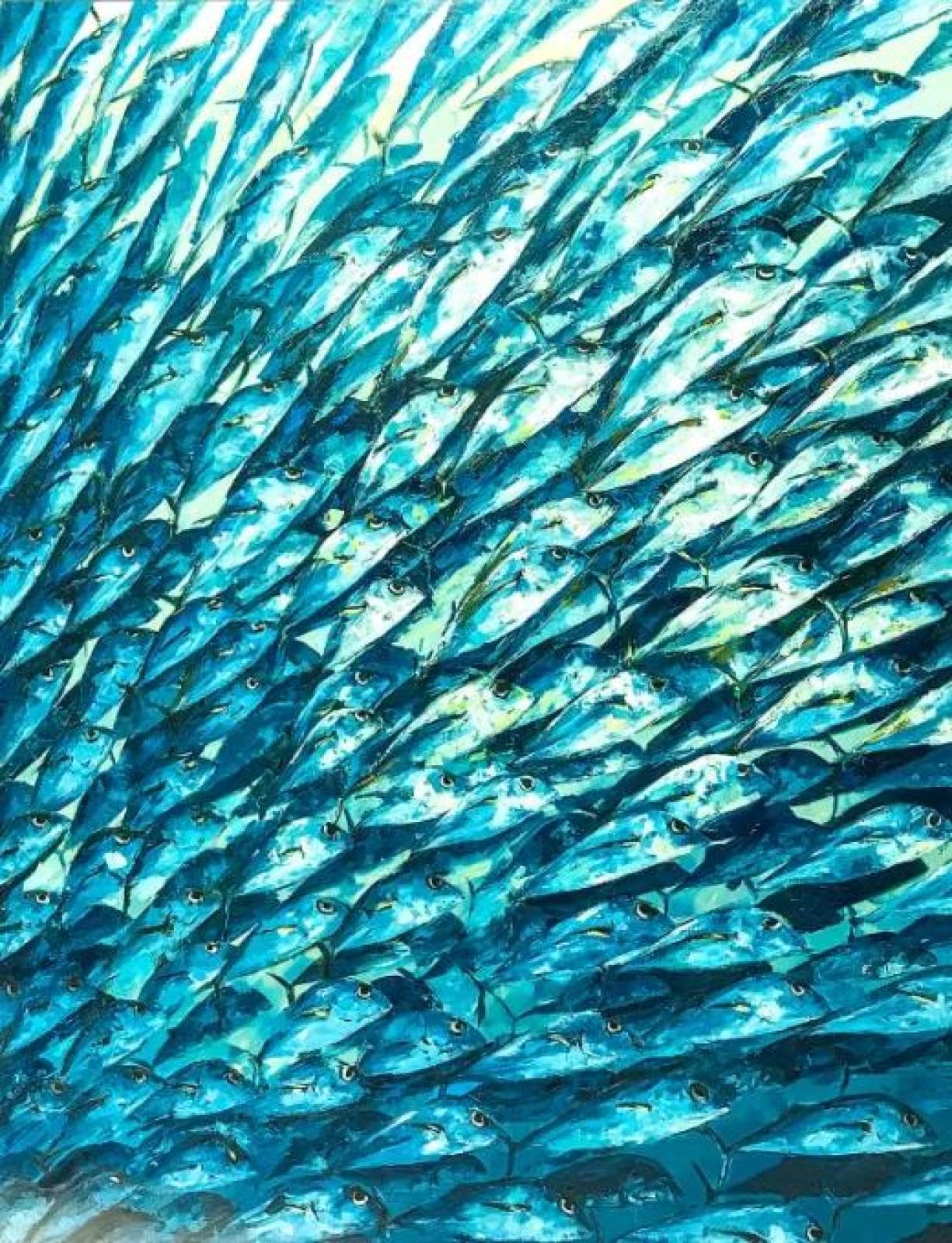 Baibexing Abstract Blue School Of Fish Canvas Painting Texture Underwater World Fish School Wall Art Posters Prints Home Decor A6 30X40Cm Unframed