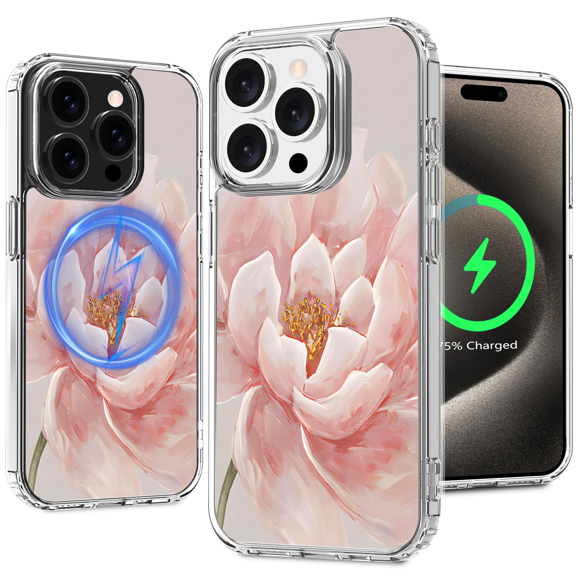 LORYVAN Magnetic Clear Case for iPhone 15 Pro Max, Flower Printing Pattern Design for Women Girls Shockproof Floral Protective Case, Compatible with