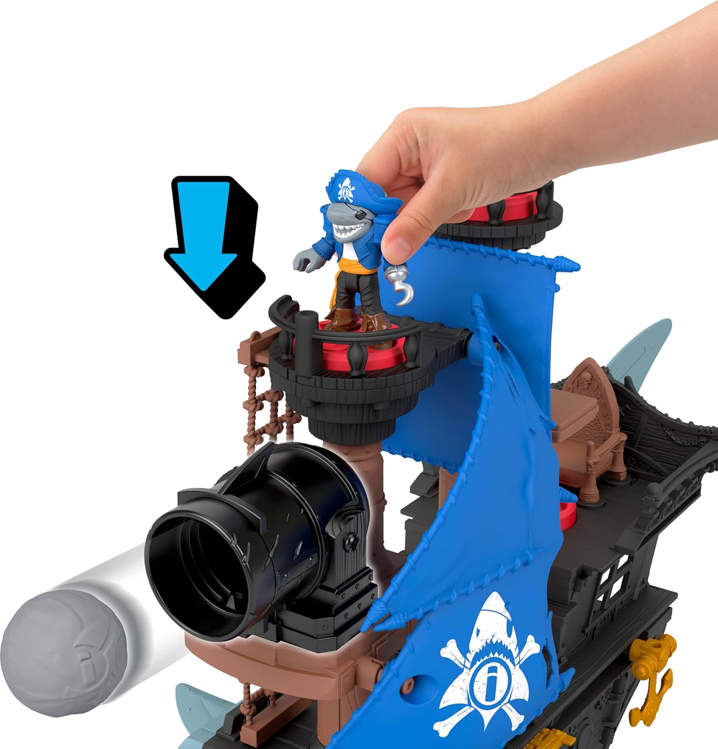 Fisher-Price Imaginext Shark Bite Pirate Ship Playset with 2 Action Figures & Toy Boat with Biting Jaws and Launcher, 12 Accessories (Amazon Exclusive)