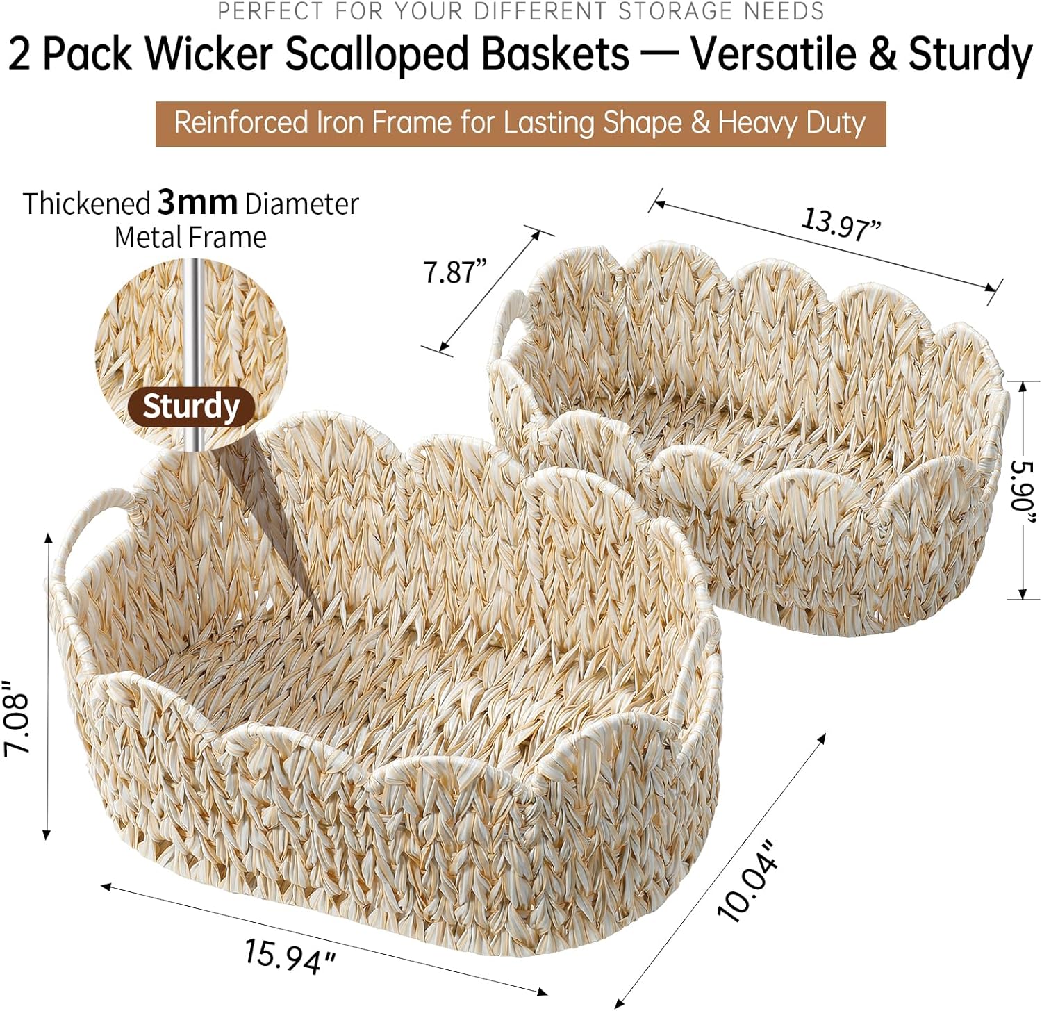 Wicker Scalloped Basket,Boho Decorative Baskets for Shelves,Organizing,Gifts,Waterproof Large Rattan Storage Basket with Built-in Handles,Set of 2