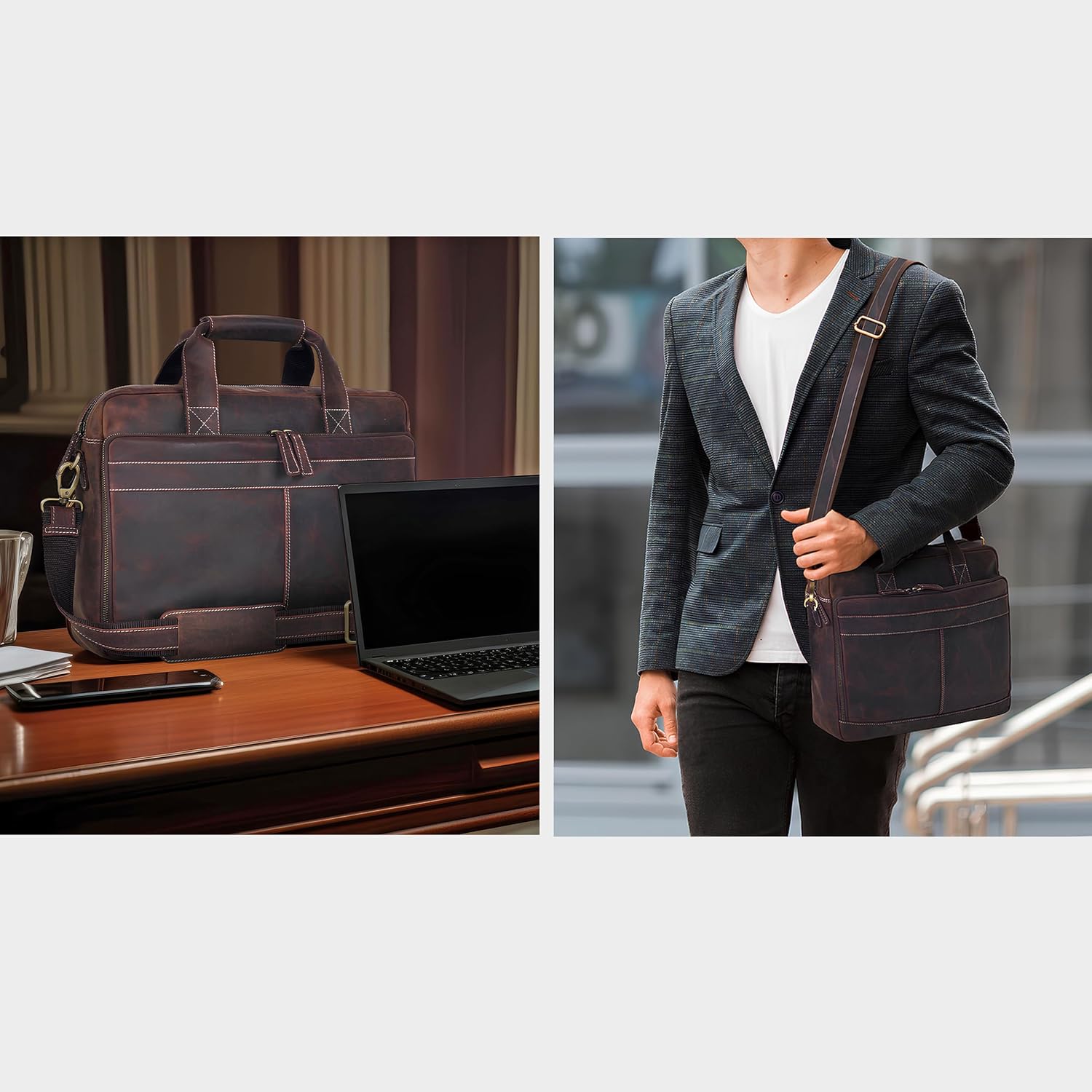 Oak Leathers Leather Messenger Bag for Men and Women - Laptop Briefcase Bag For College, Office, Adjustable Shoulder Strap - Image 2