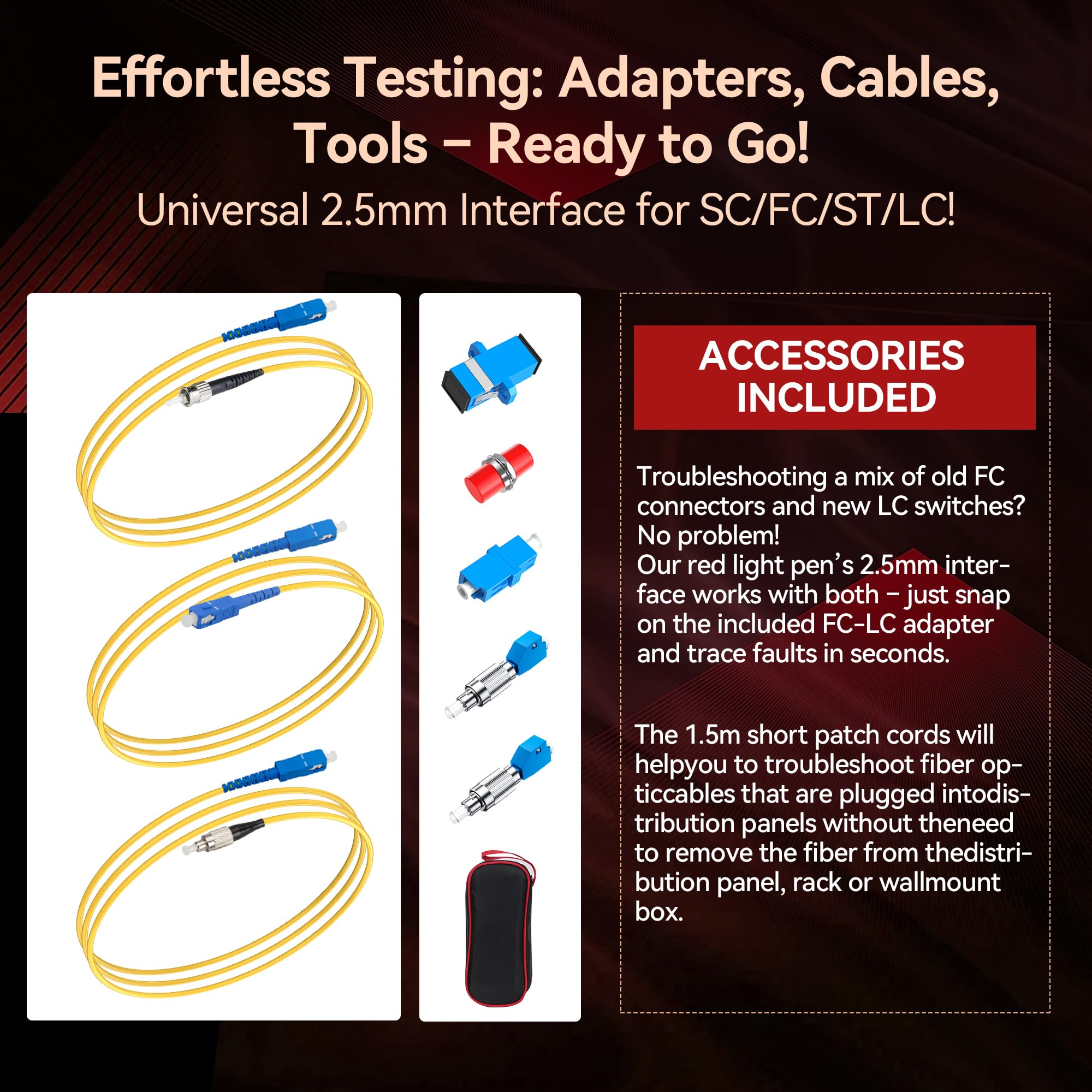 Kit de localización visual de fallos, kit de herramientas de comprobador de cable de fibra óptica de rango de 50 km, probador de bolígrafo de luz roja con conector universal de 2,5 mm, 2
