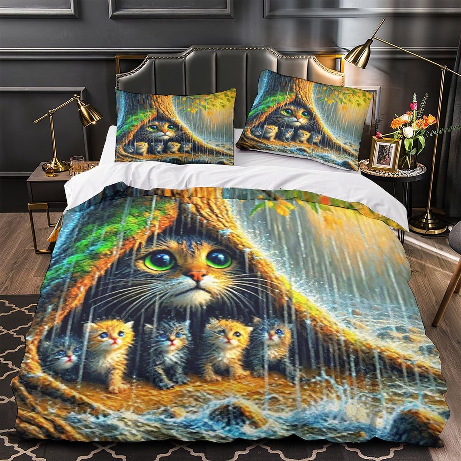 Housse de couette chat 3D sans repassage, parure lit 260x220 à fermeture éclair