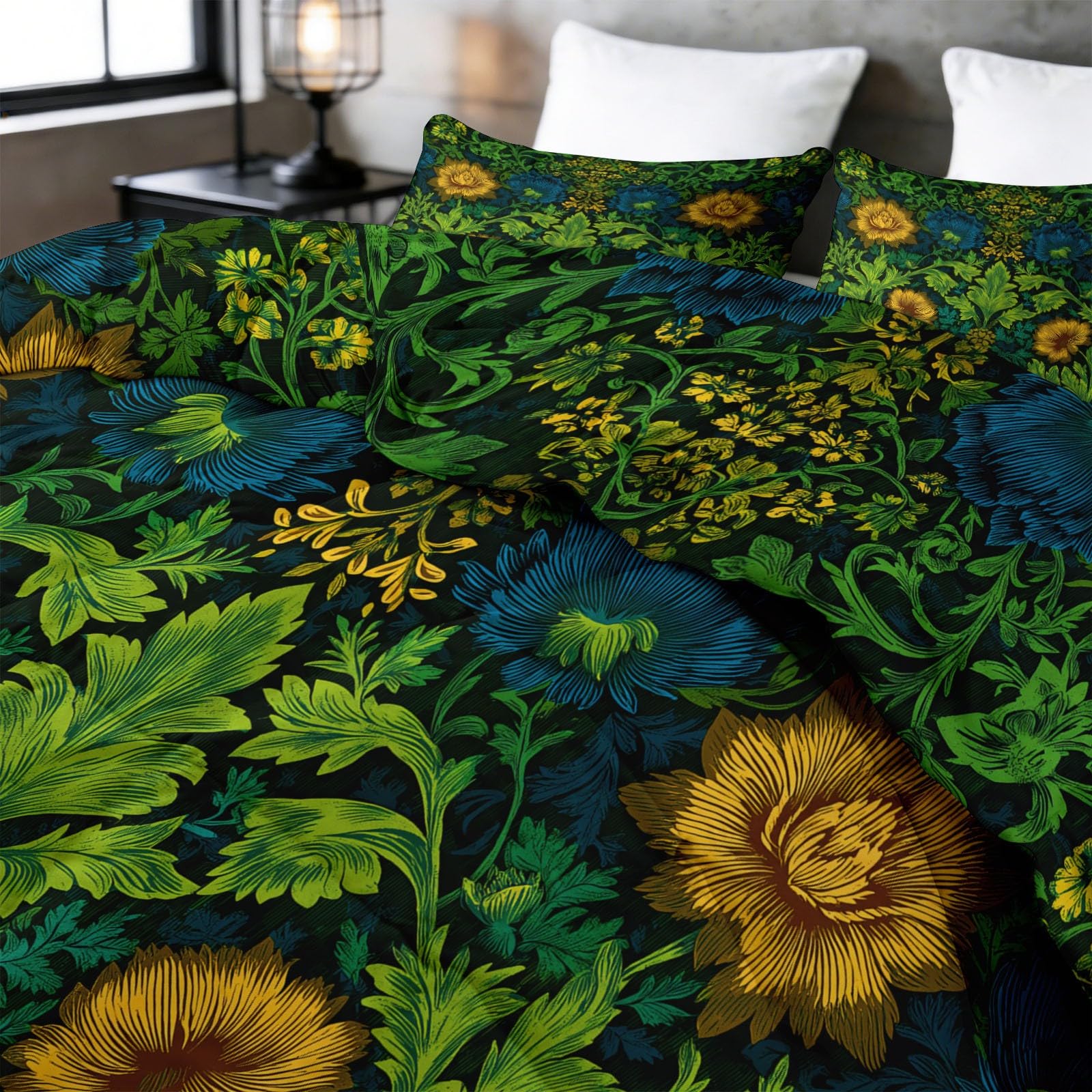 Generisch Zielona kołdra 180 x 200 cm, na 4 pory roku, dwustronna, pikowana, nadaje się do prania, delikatny las vintage, bez poszewki, lekka kołdra całoroczna z 2 poszewkami na poduszki