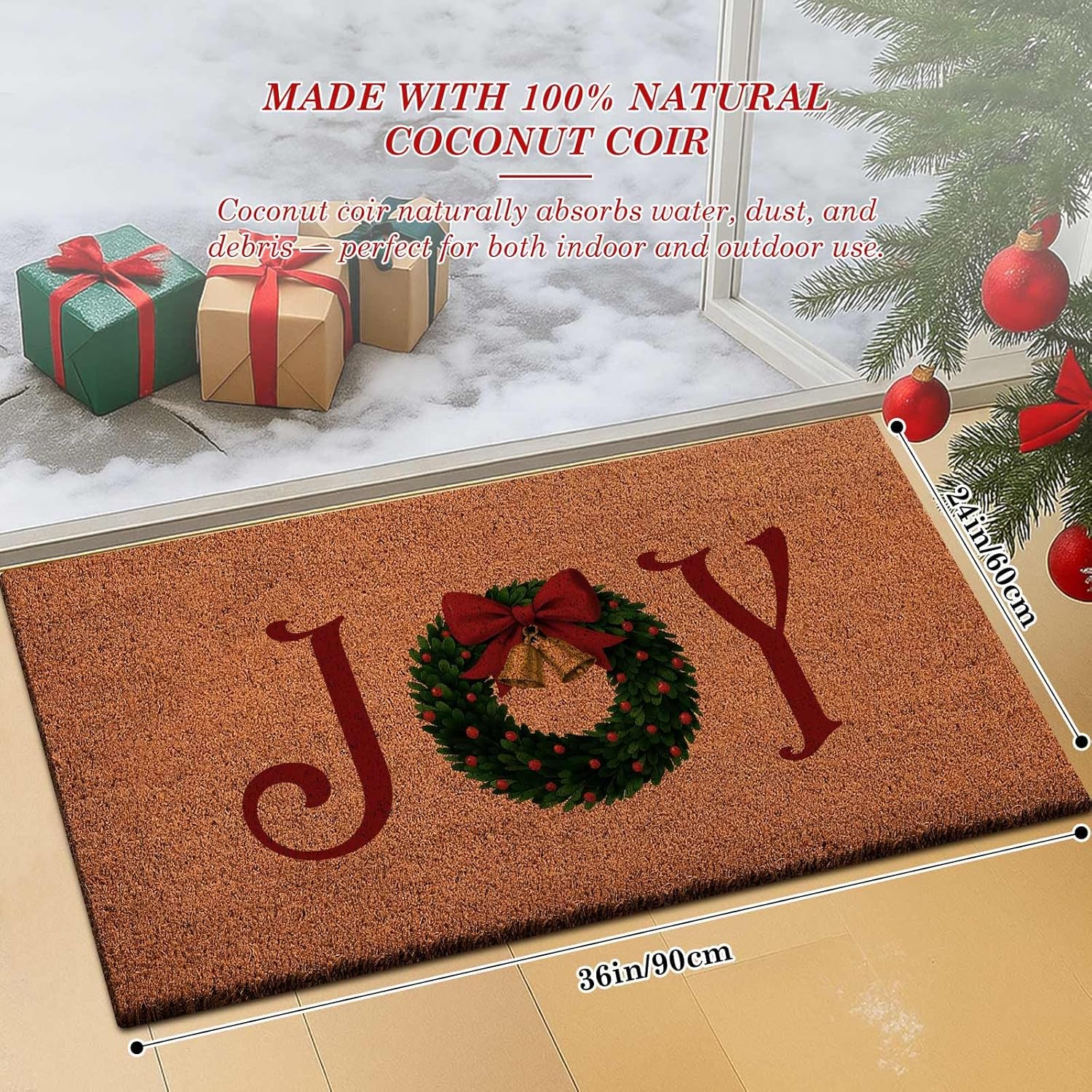 lanpn christmas welcome natural coir door mat, christmas ball large coco front door outdoor doormat outside entrance porch non slip rubber rug winter xmas farmhouse decor (brown, 36x24 inch) 2' x 3' (rectangular) brown