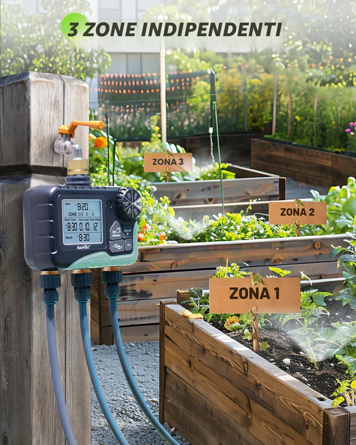 RAINPOINT Centralina Irrigazione 3 Uscite Con Ampio Display Lcd, ingresso e uscita in ottone, Timer Irrigazione Automatico Con Modalità Di Ritardo Pioggia/Manuale/Automatica per Prato Da Giardino